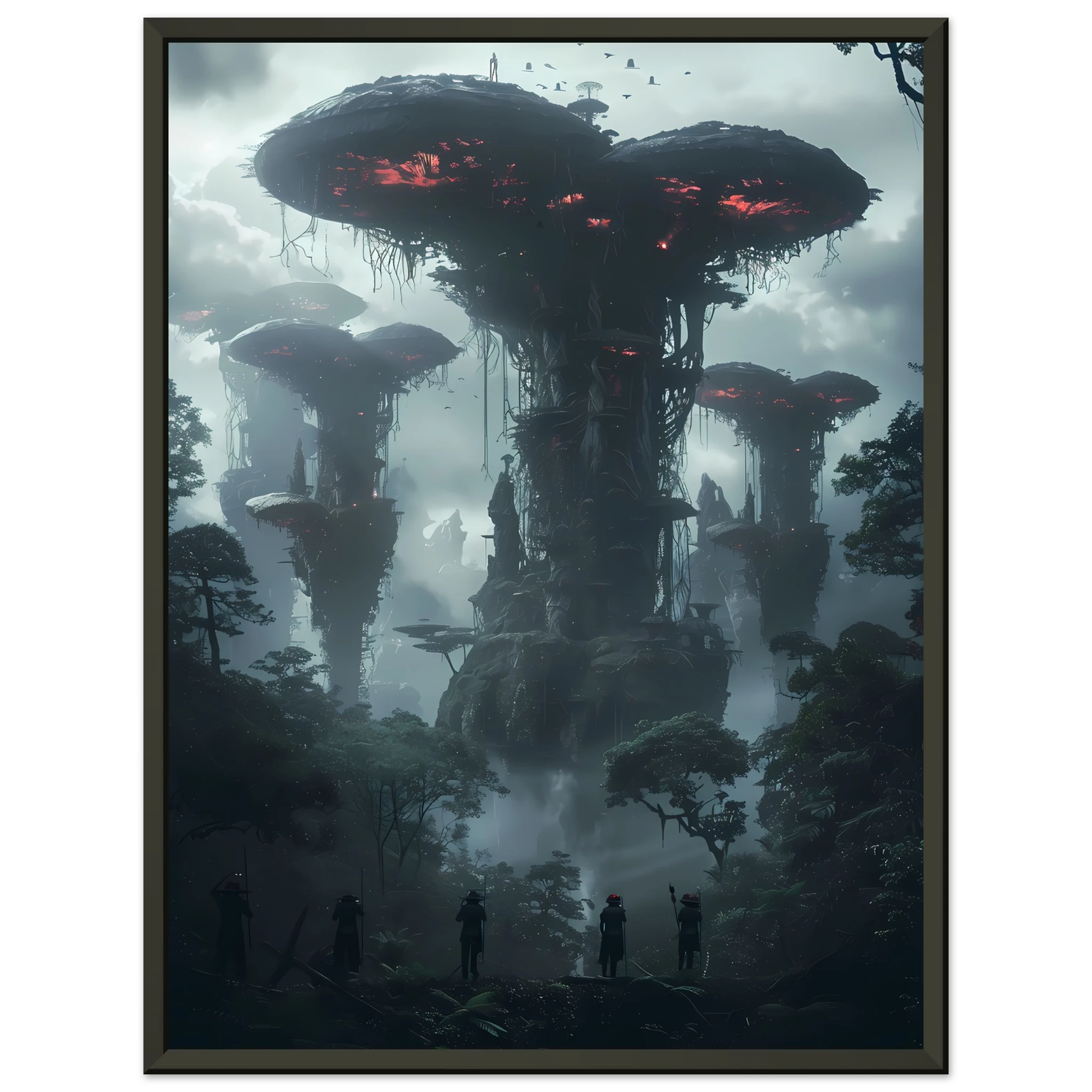 Surreal glowing forest filled with luminous mushrooms and vines — enchanted botanical fantasy print.