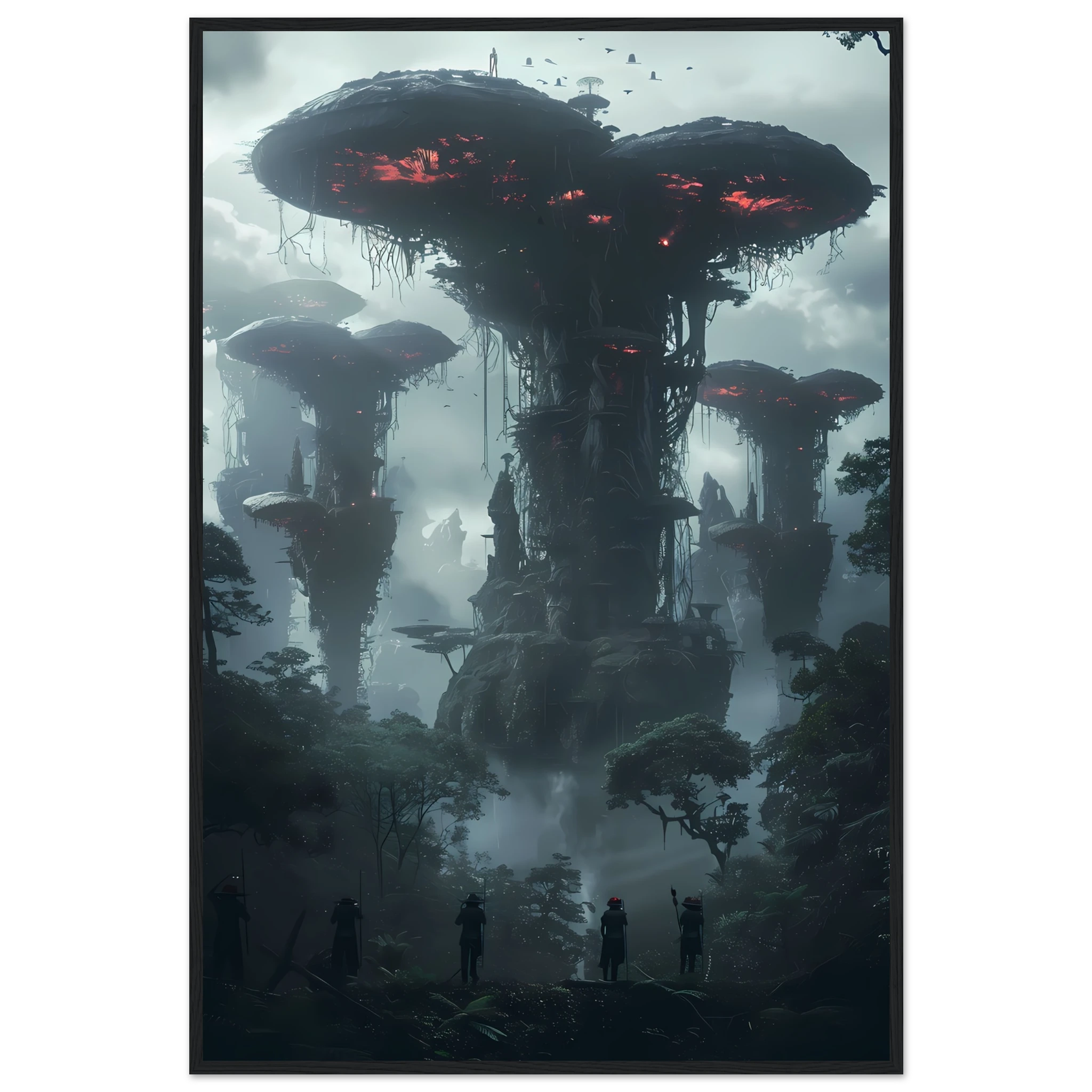 Surreal glowing forest filled with luminous mushrooms and vines — enchanted botanical fantasy print.