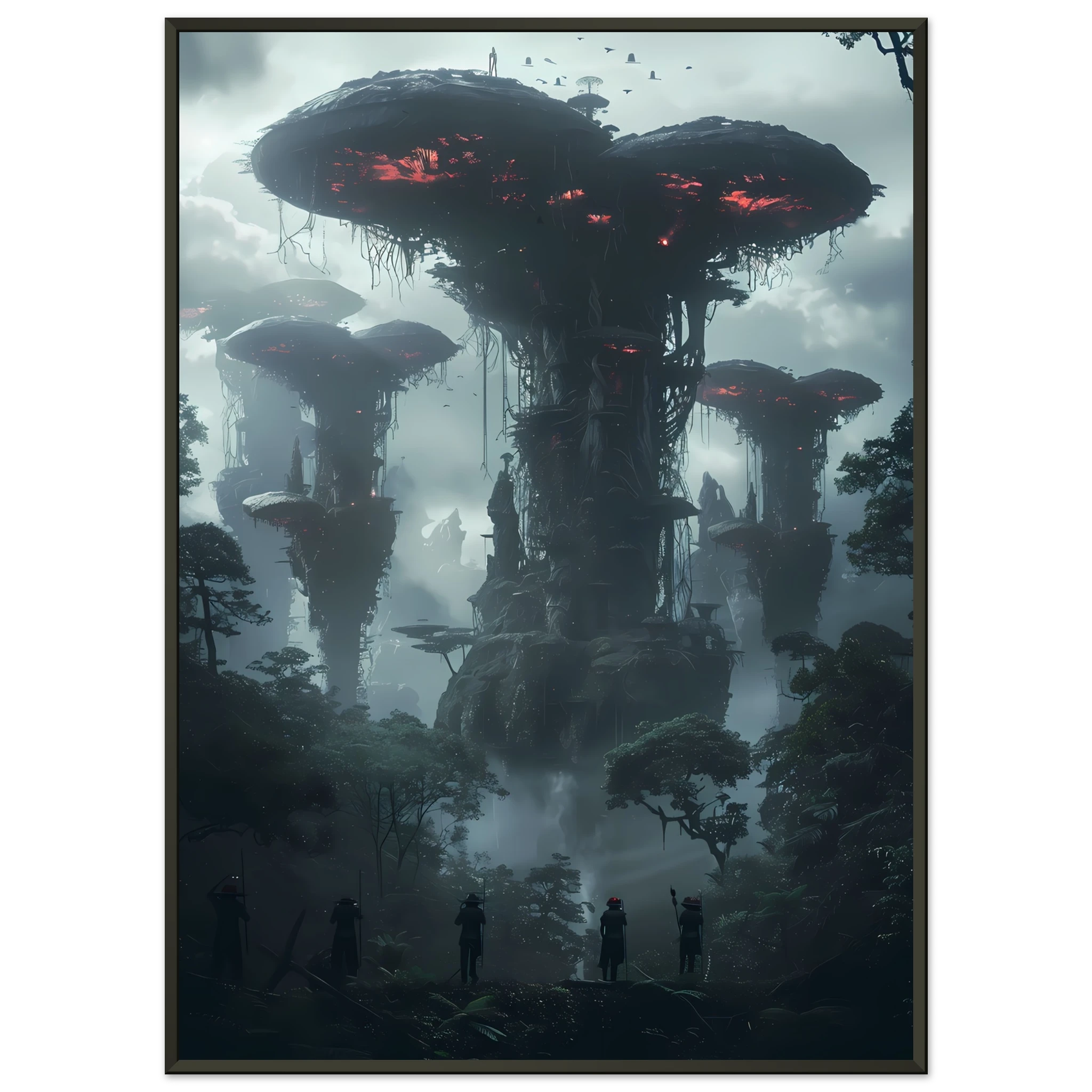 Surreal glowing forest filled with luminous mushrooms and vines — enchanted botanical fantasy print.