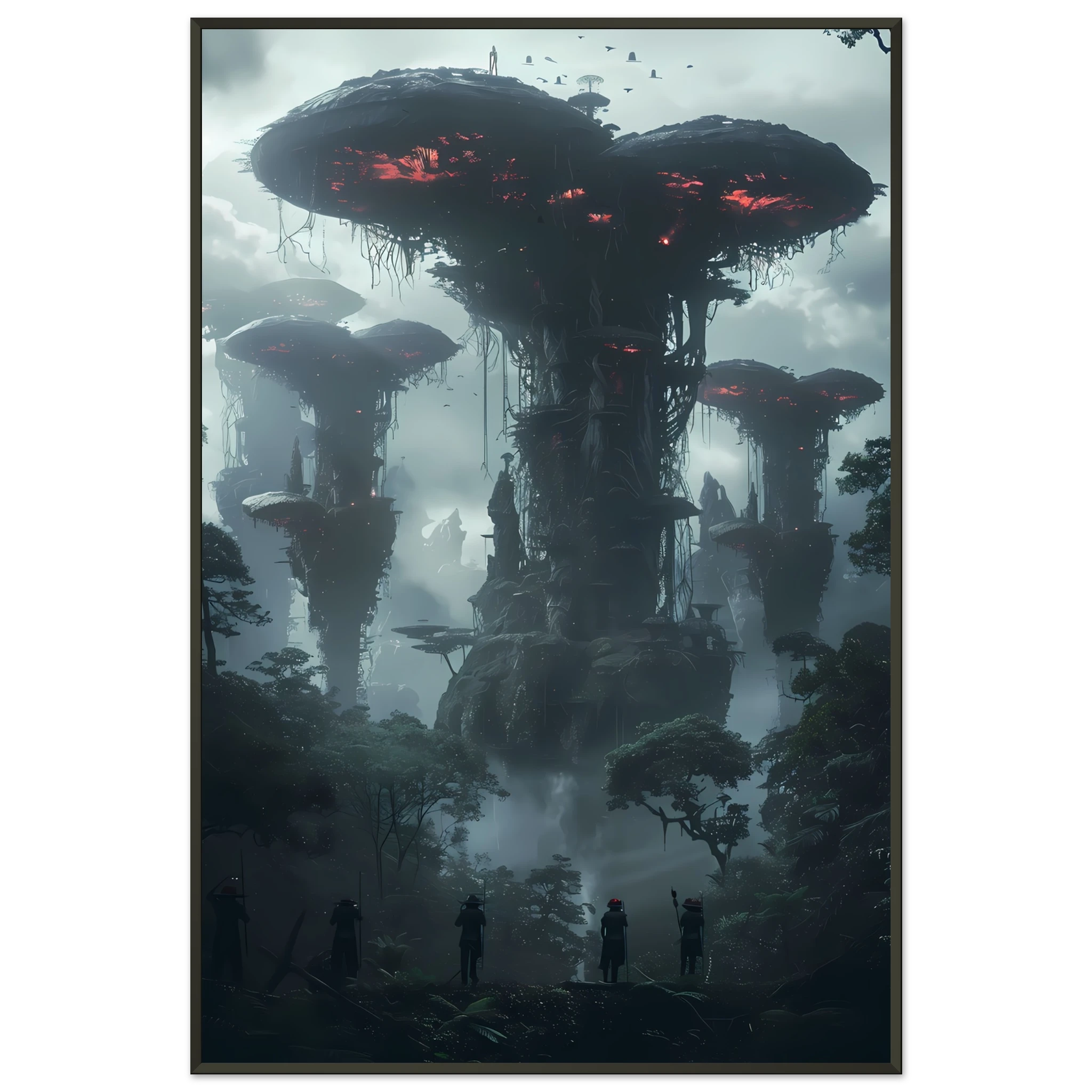 Surreal glowing forest filled with luminous mushrooms and vines — enchanted botanical fantasy print.