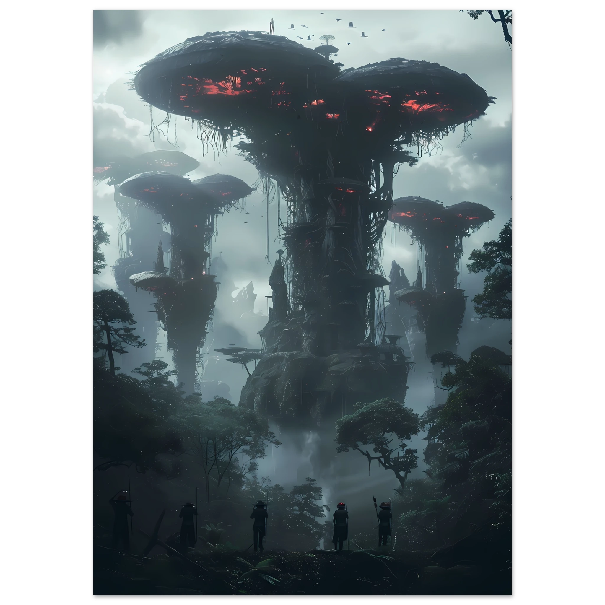 Surreal glowing forest filled with luminous mushrooms and vines — enchanted botanical fantasy print.