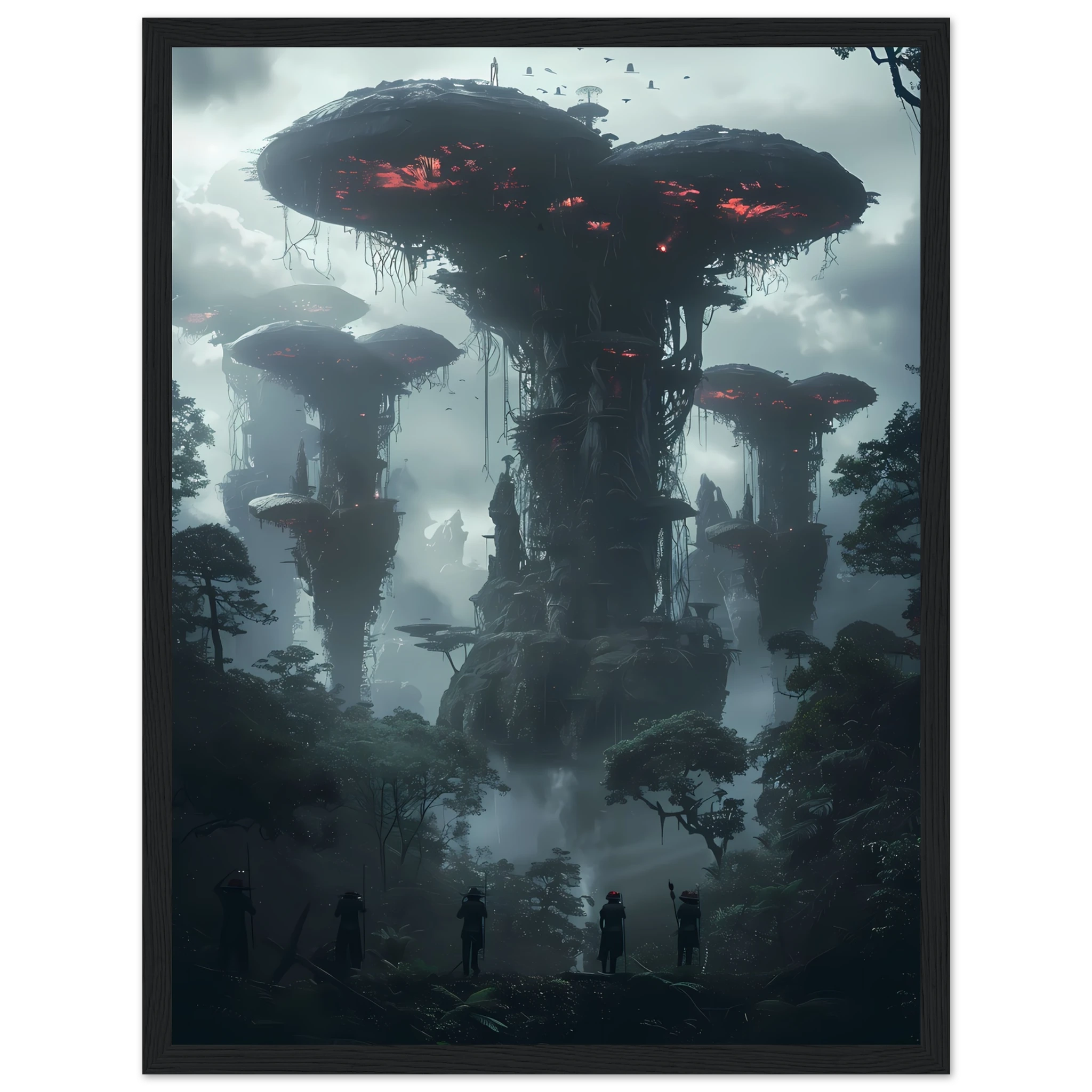 Surreal glowing forest filled with luminous mushrooms and vines — enchanted botanical fantasy print.