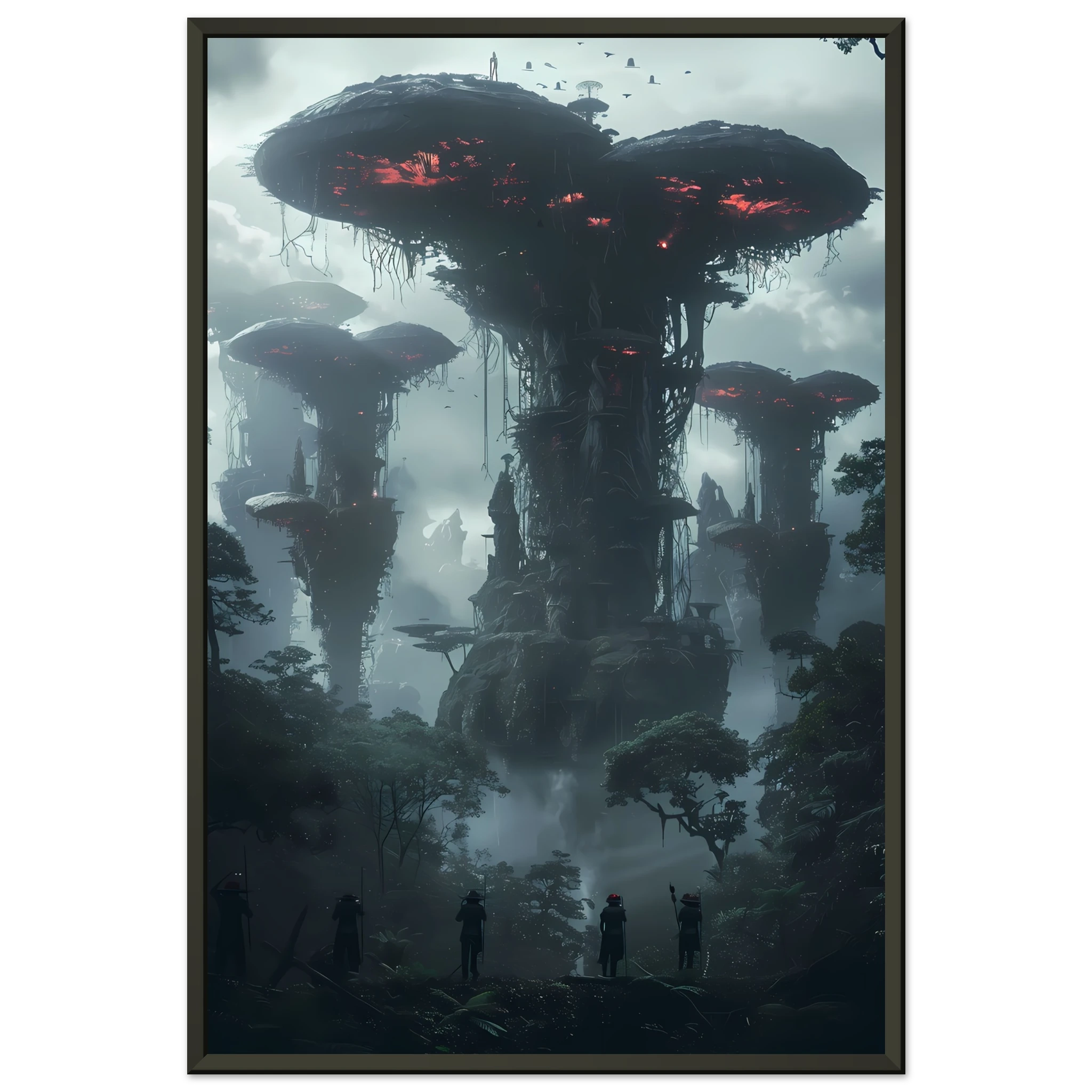 Surreal glowing forest filled with luminous mushrooms and vines — enchanted botanical fantasy print.