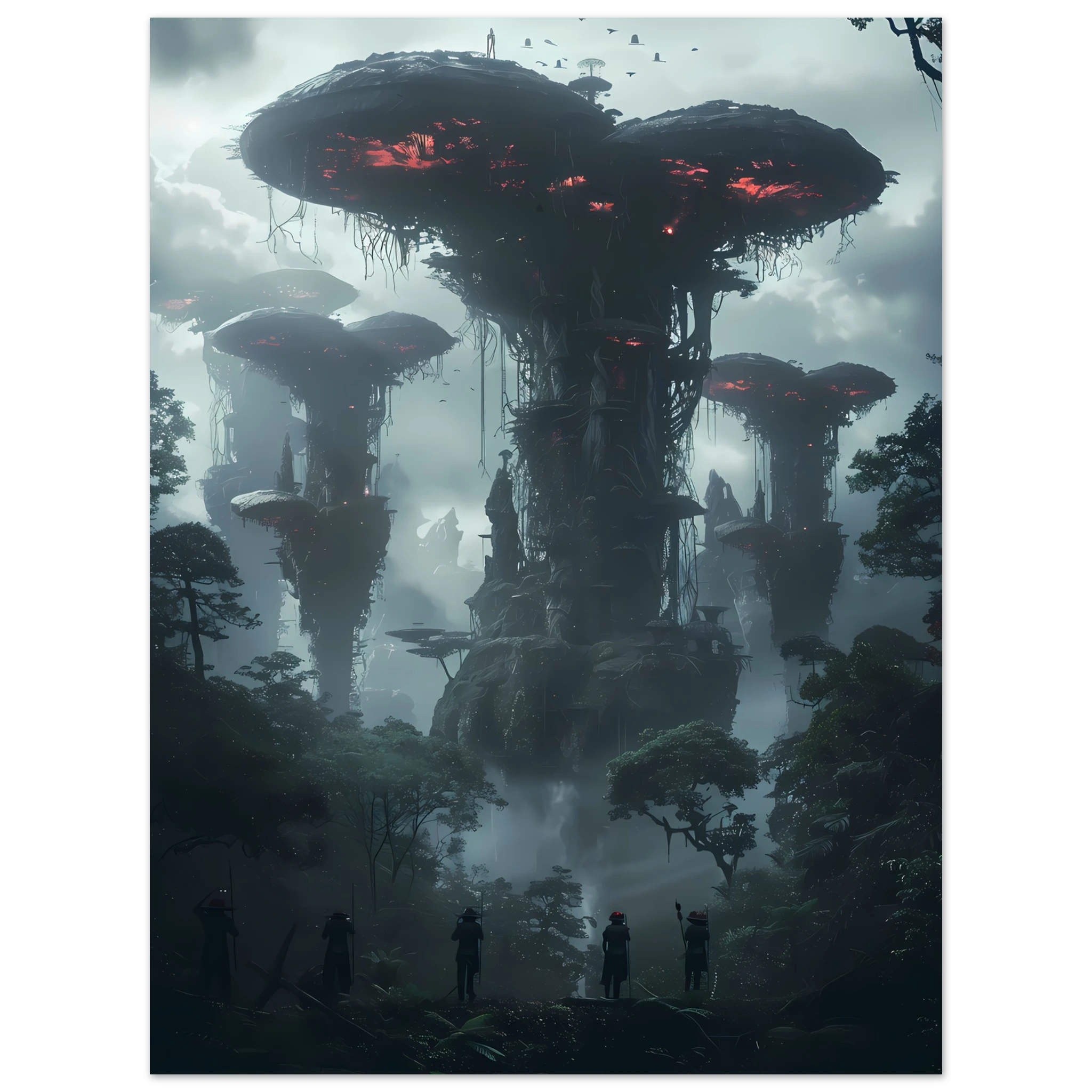 Surreal glowing forest filled with luminous mushrooms and vines — enchanted botanical fantasy print.