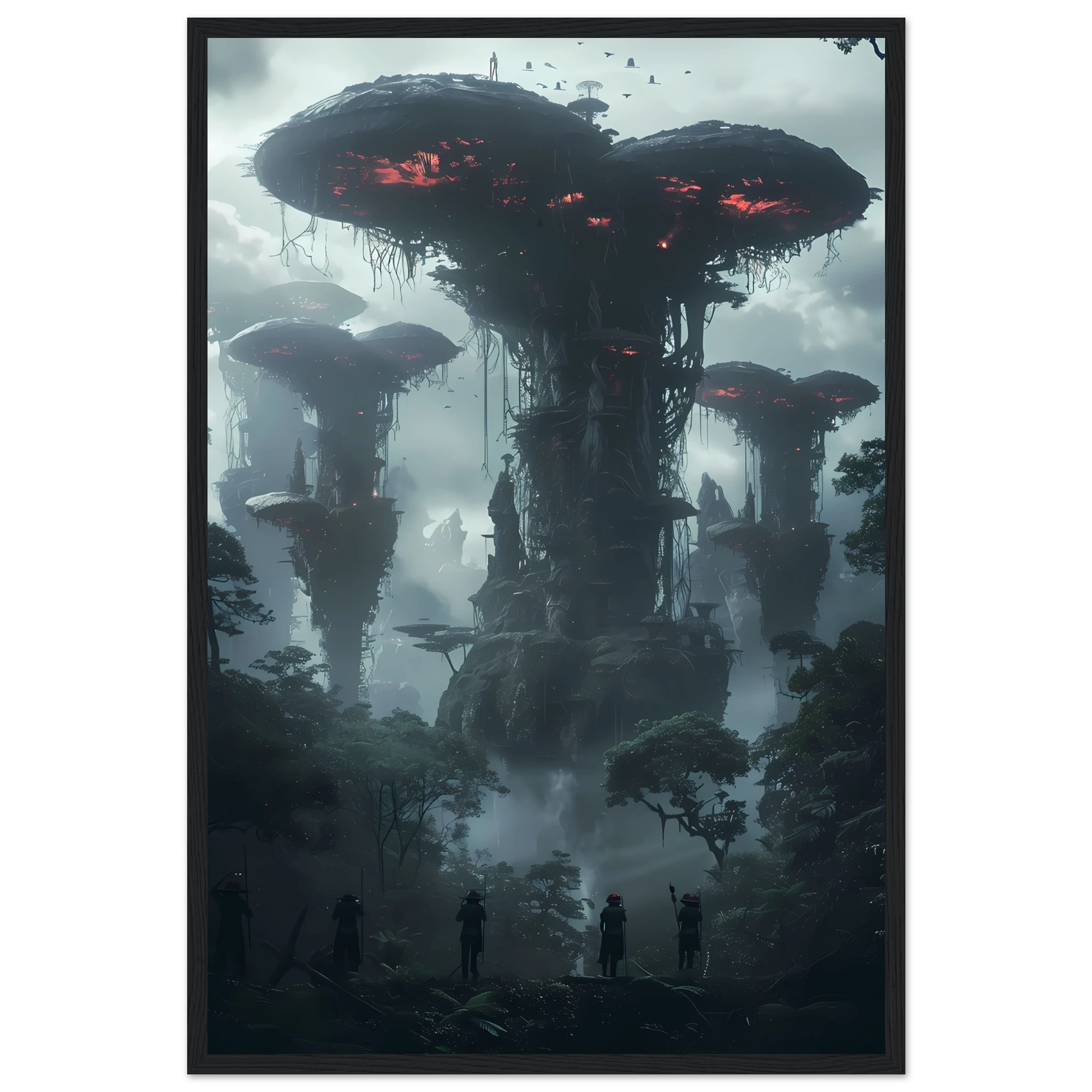 Surreal glowing forest filled with luminous mushrooms and vines — enchanted botanical fantasy print.