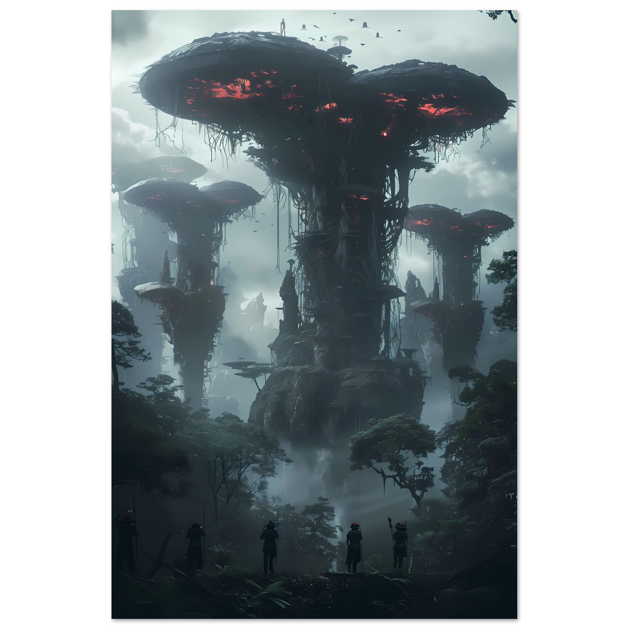 Surreal glowing forest filled with luminous mushrooms and vines — enchanted botanical fantasy print.