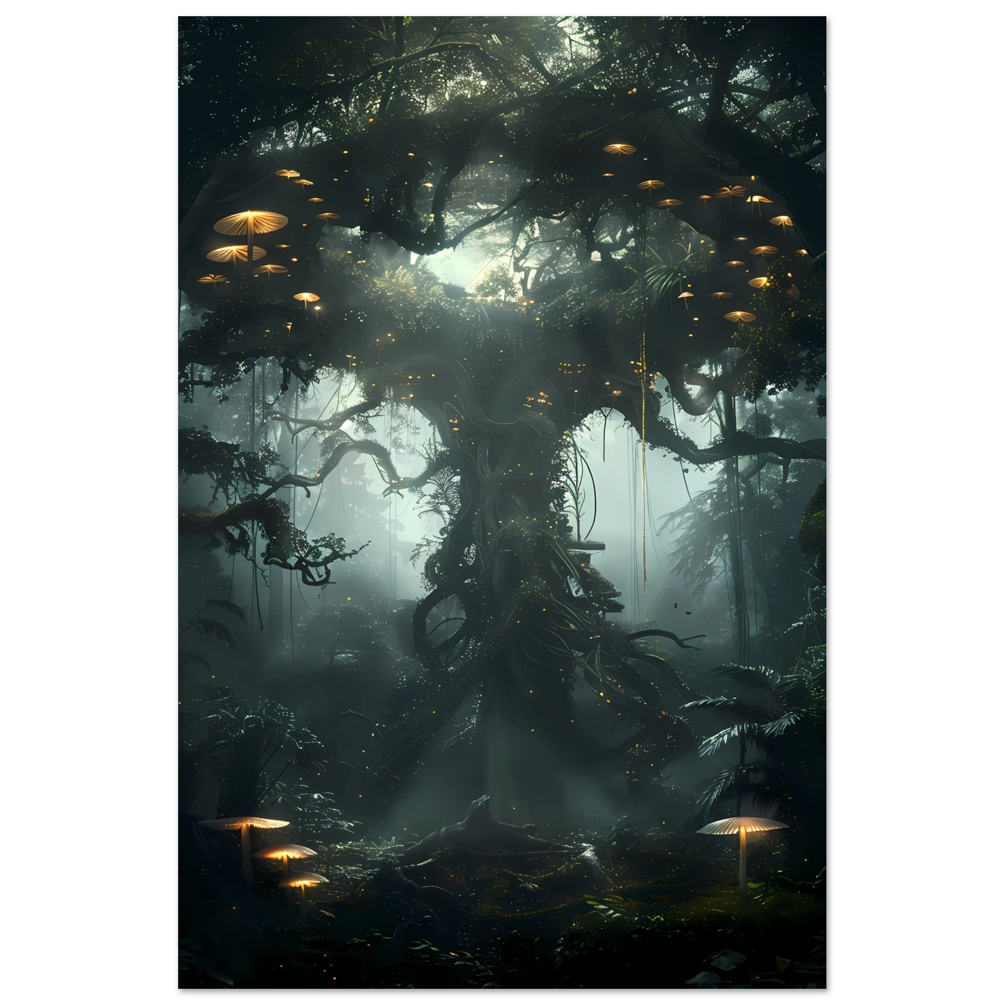 Surreal glowing forest filled with luminous mushrooms and vines — enchanted botanical fantasy print.