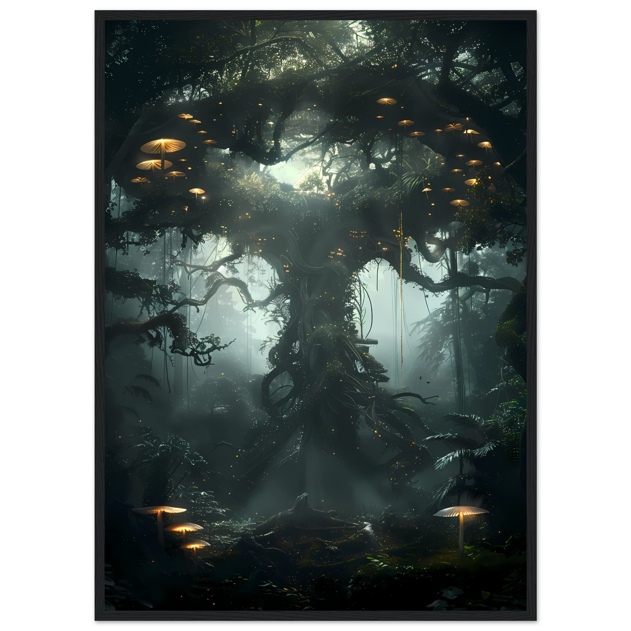 Surreal glowing forest filled with luminous mushrooms and vines — enchanted botanical fantasy print.