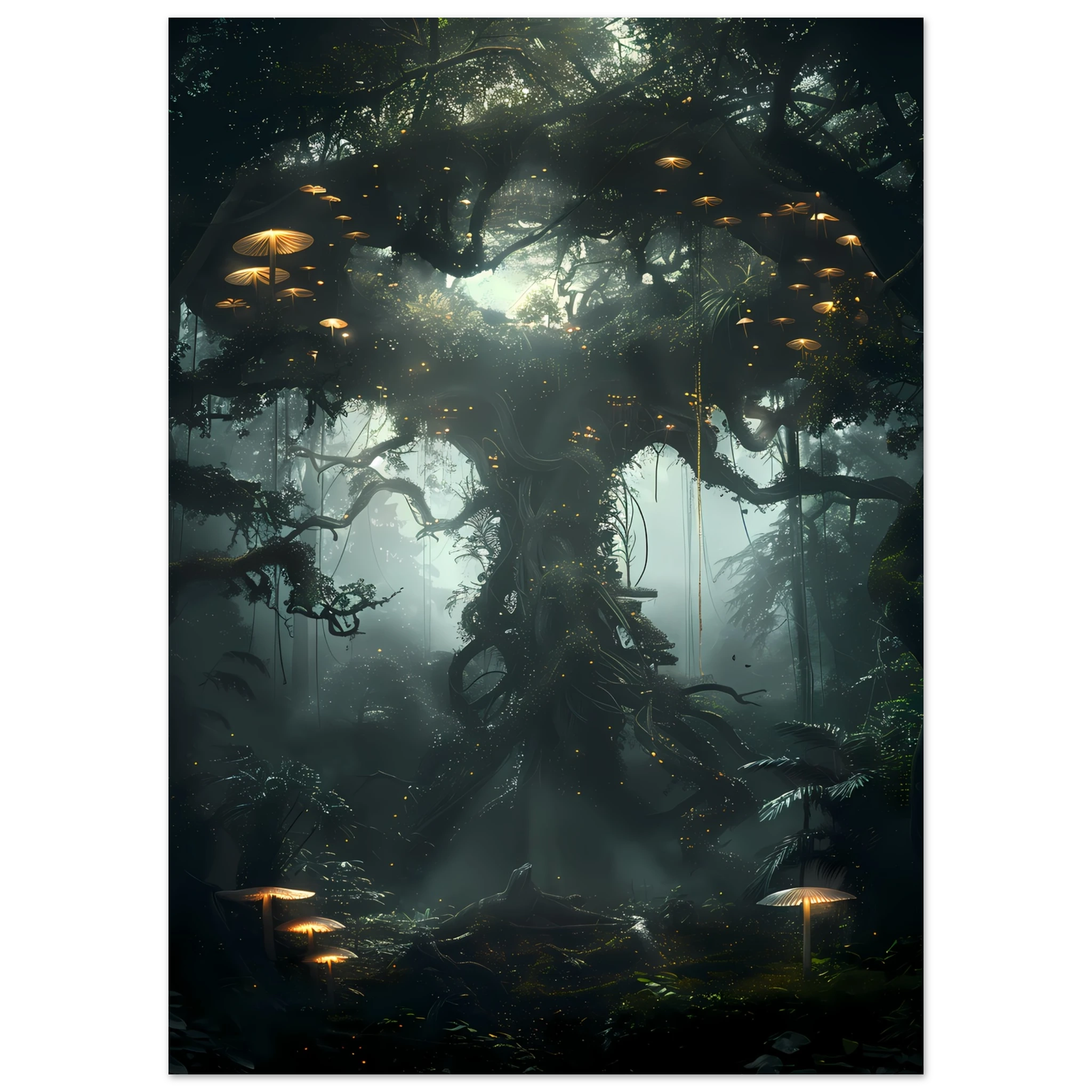 Surreal glowing forest filled with luminous mushrooms and vines — enchanted botanical fantasy print.