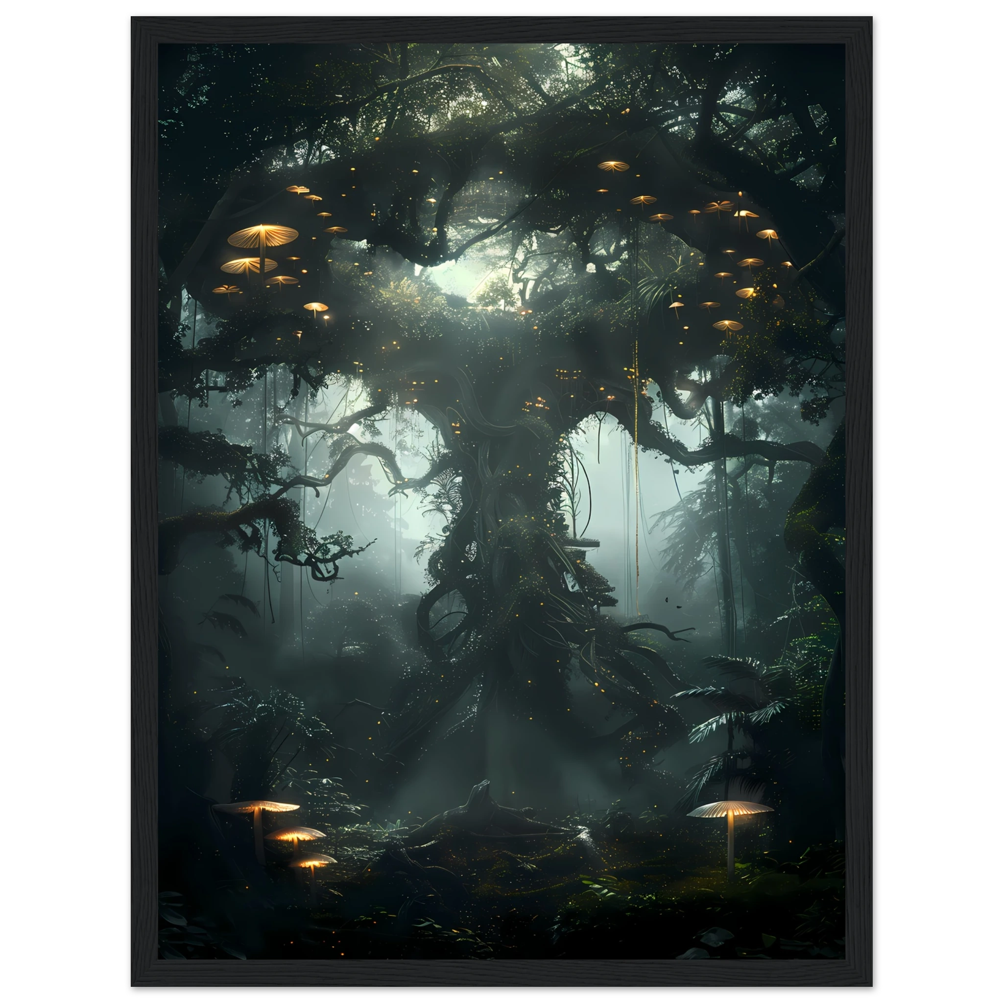 Surreal glowing forest filled with luminous mushrooms and vines — enchanted botanical fantasy print.