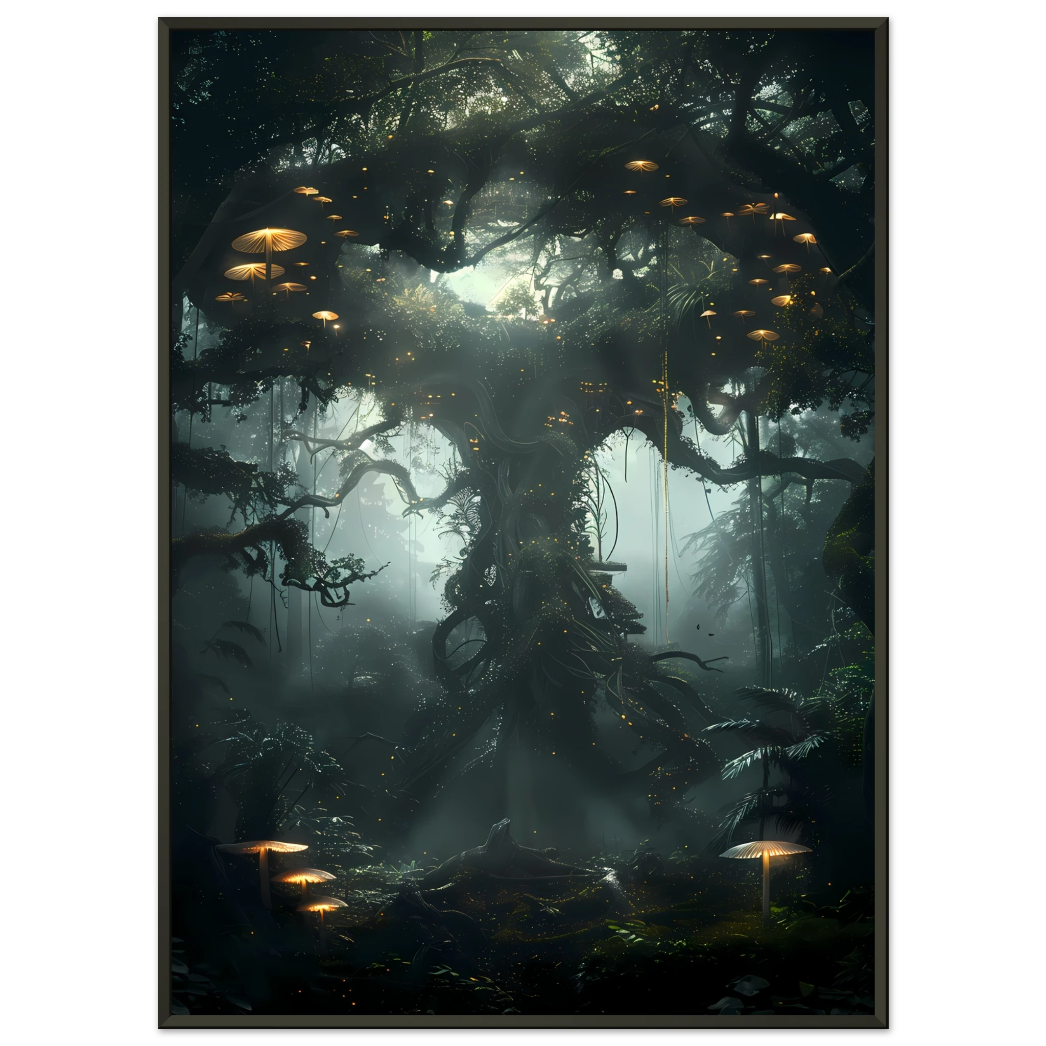 Surreal glowing forest filled with luminous mushrooms and vines — enchanted botanical fantasy print.