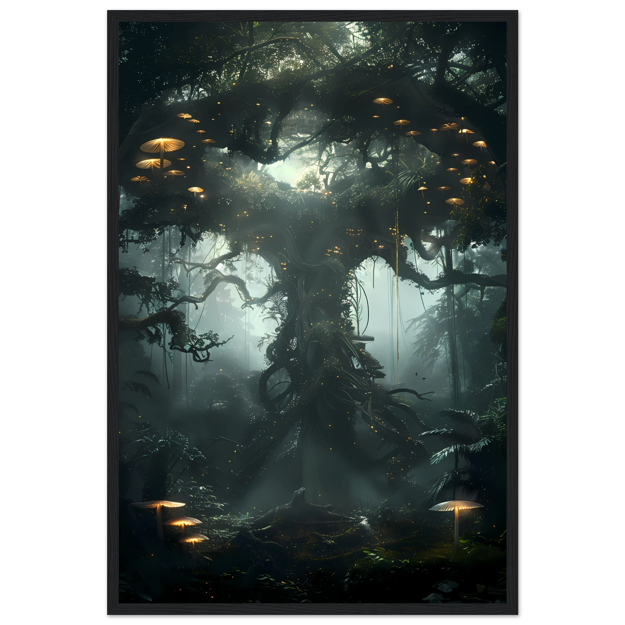Surreal glowing forest filled with luminous mushrooms and vines — enchanted botanical fantasy print.