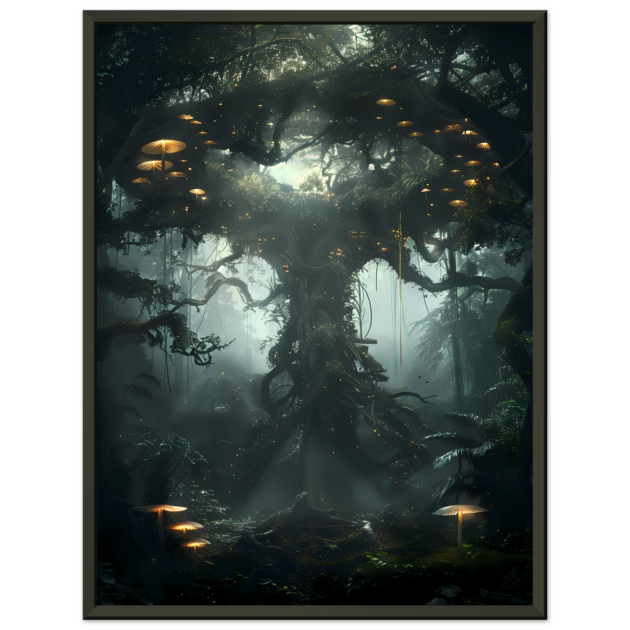 Surreal glowing forest filled with luminous mushrooms and vines — enchanted botanical fantasy print.