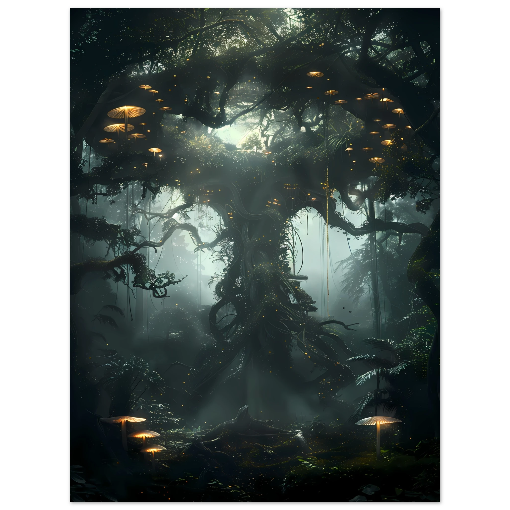 Surreal glowing forest filled with luminous mushrooms and vines — enchanted botanical fantasy print.