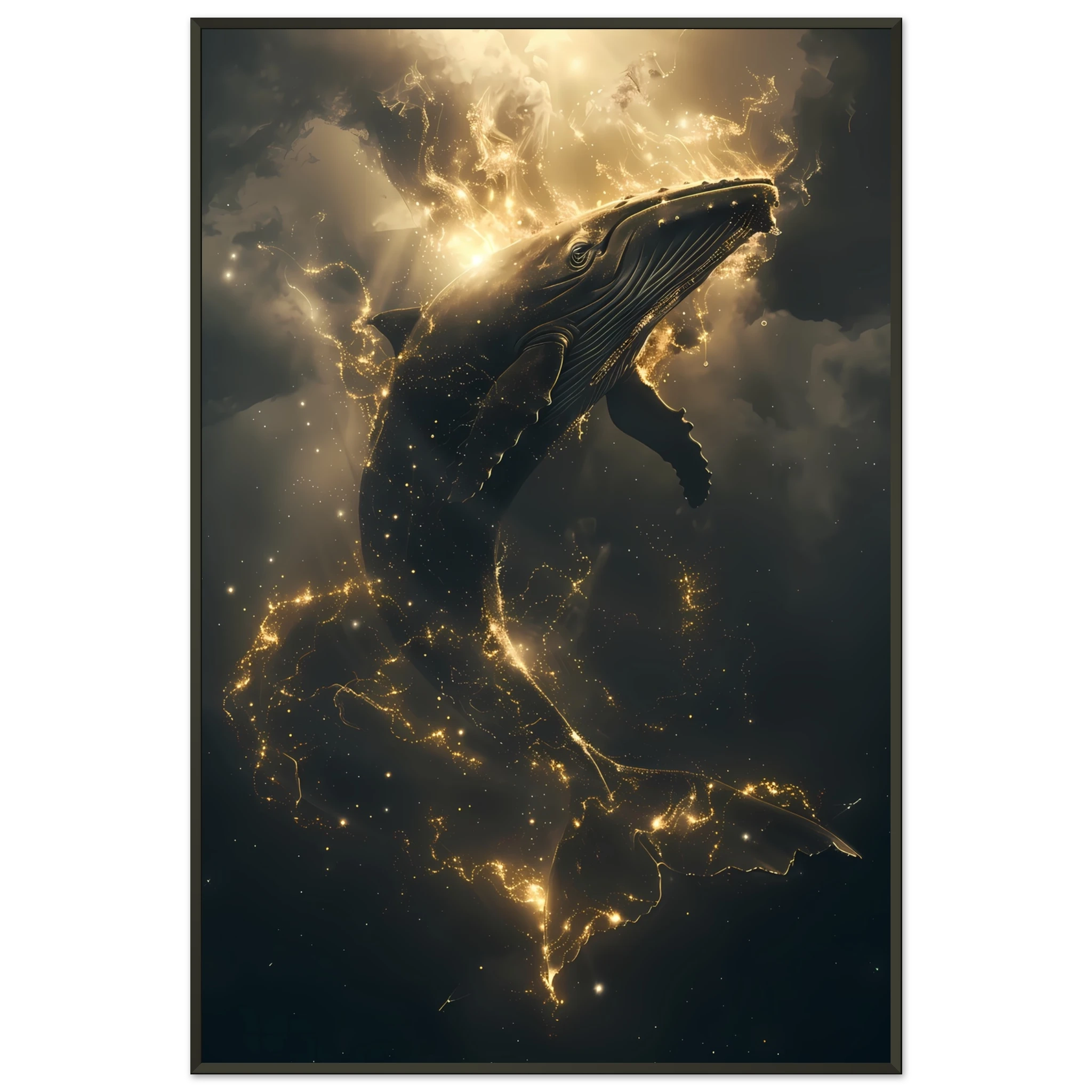 Whale formed of constellations with starlit fins swimming across a galaxy sky — surreal cosmic wall print.