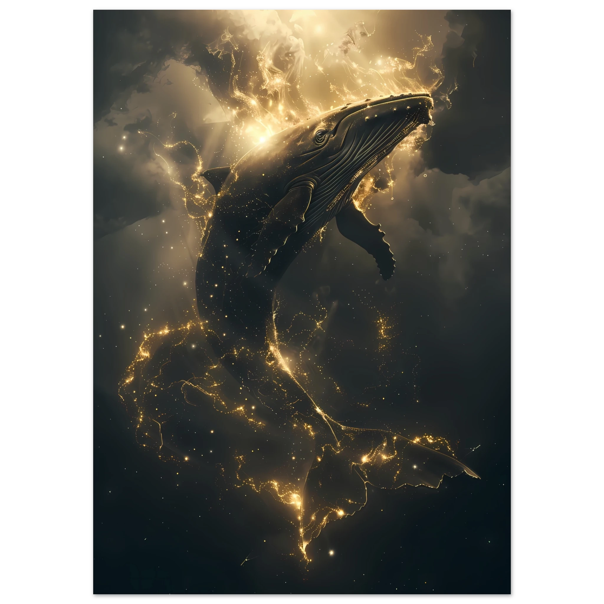 Whale formed of constellations with starlit fins swimming across a galaxy sky — surreal cosmic wall print.