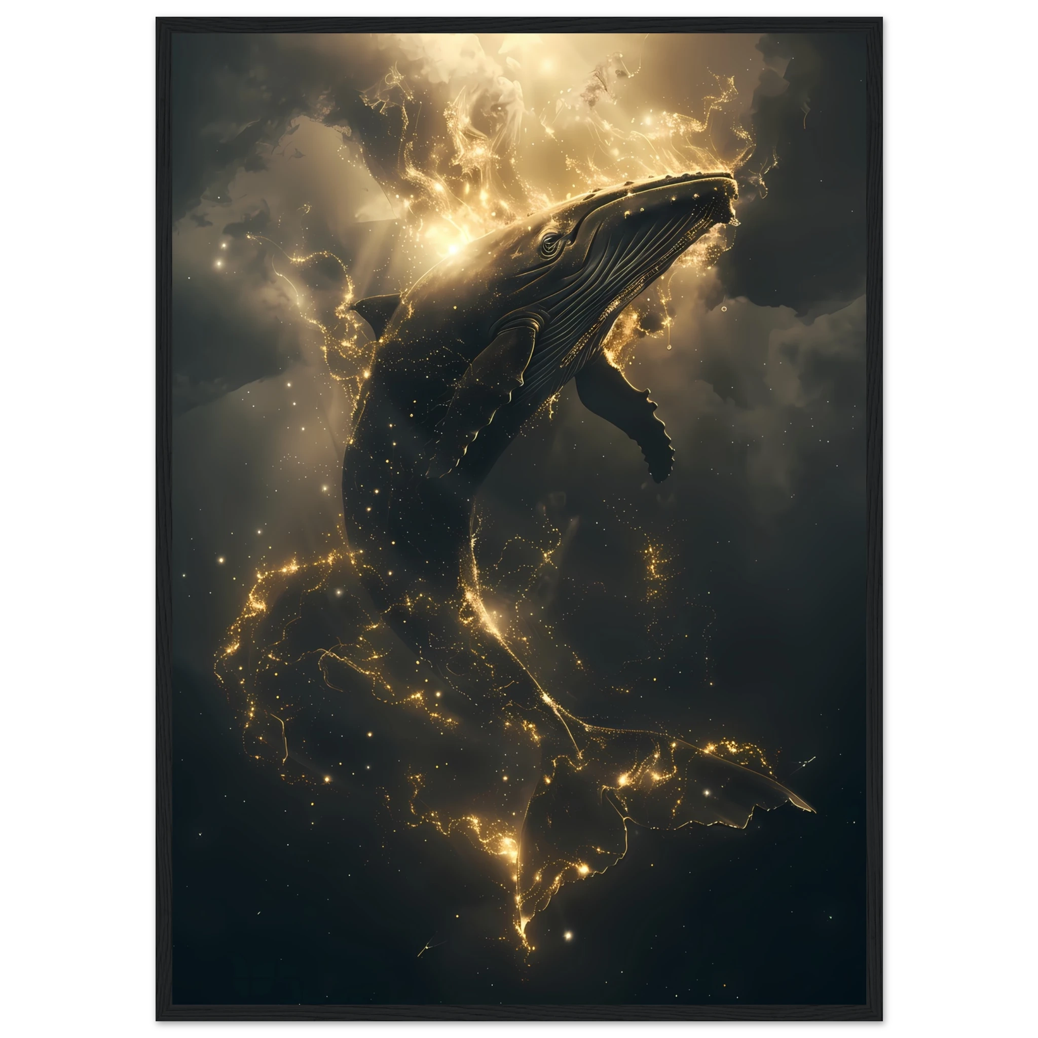 Whale formed of constellations with starlit fins swimming across a galaxy sky — surreal cosmic wall print.