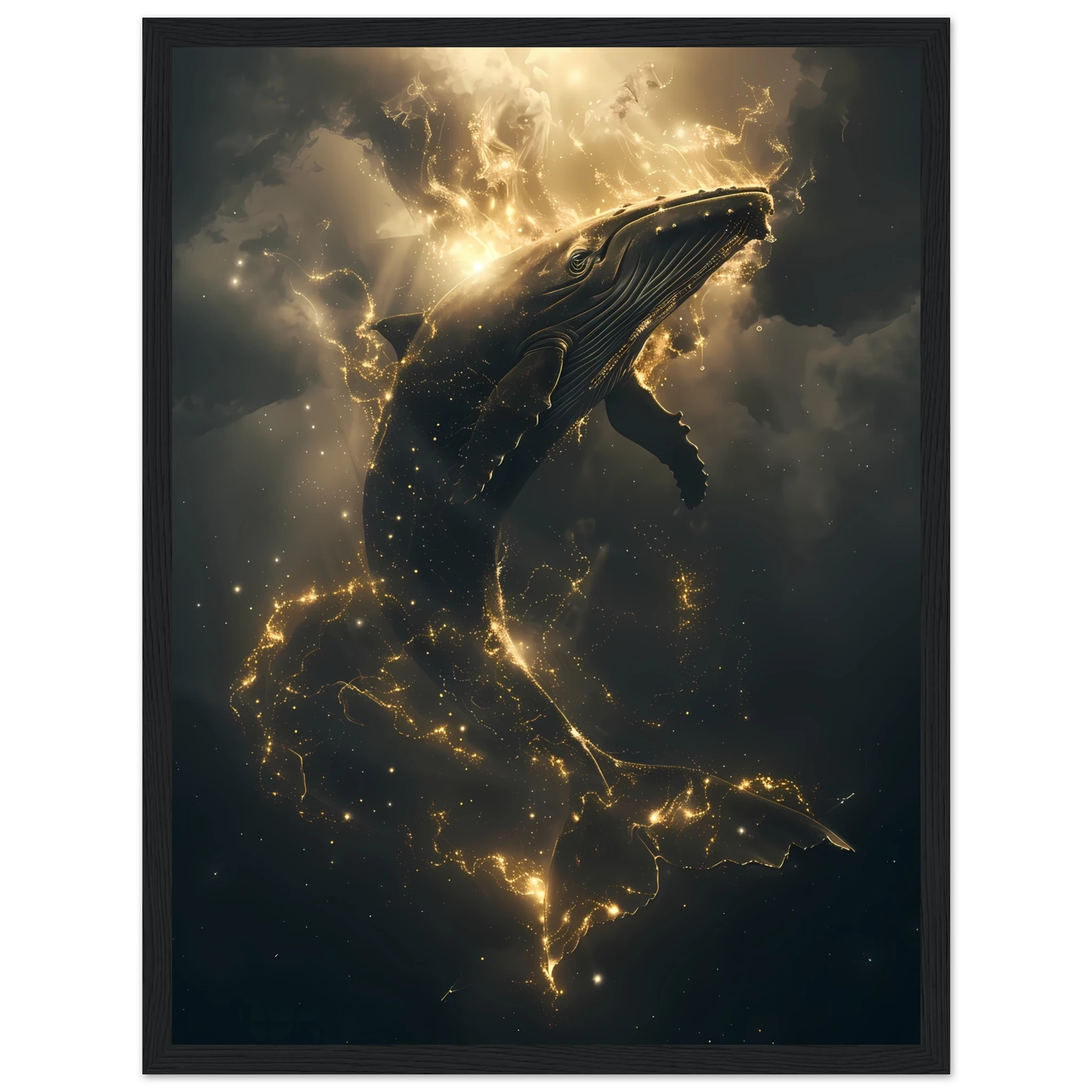 Whale formed of constellations with starlit fins swimming across a galaxy sky — surreal cosmic wall print.