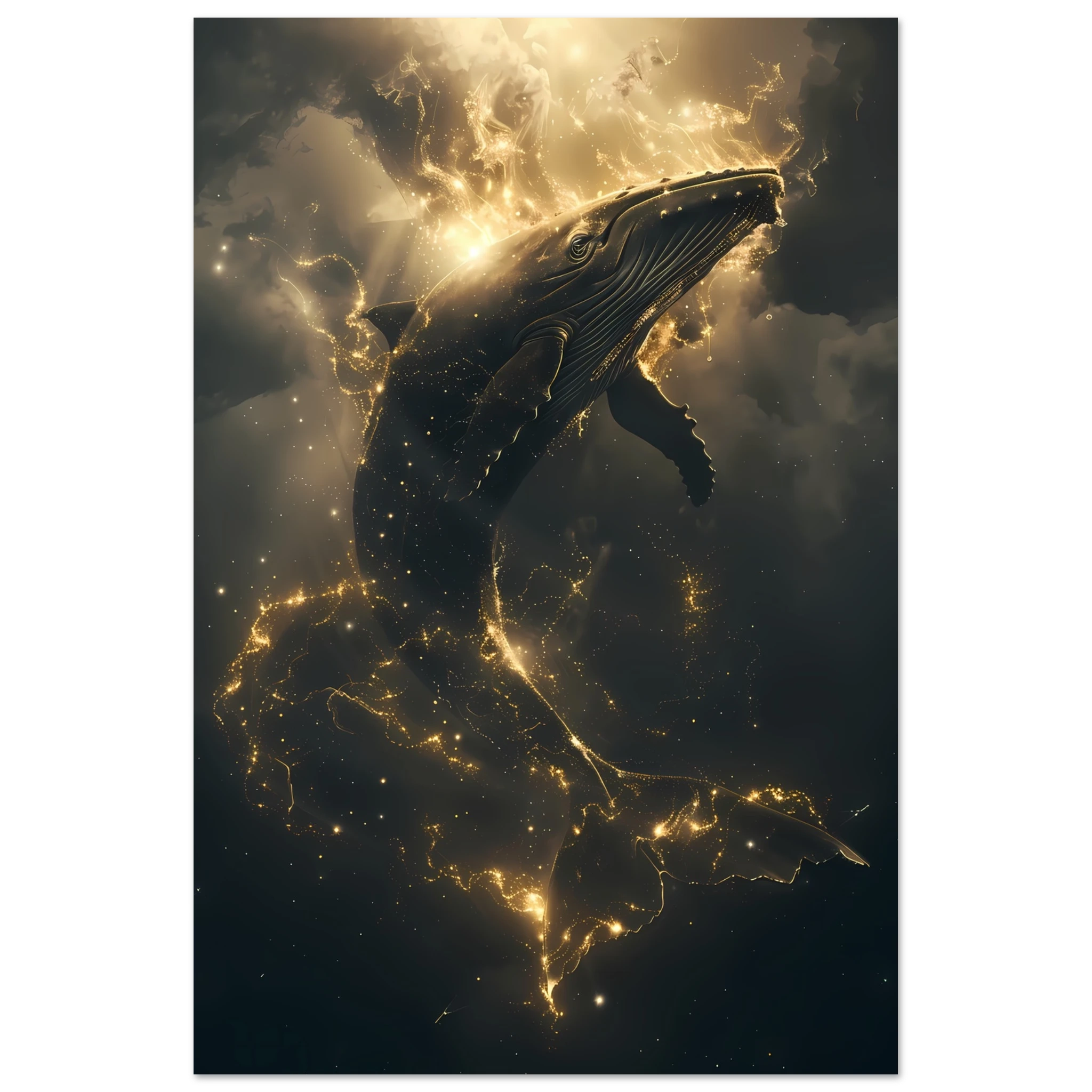 Whale formed of constellations with starlit fins swimming across a galaxy sky — surreal cosmic wall print.