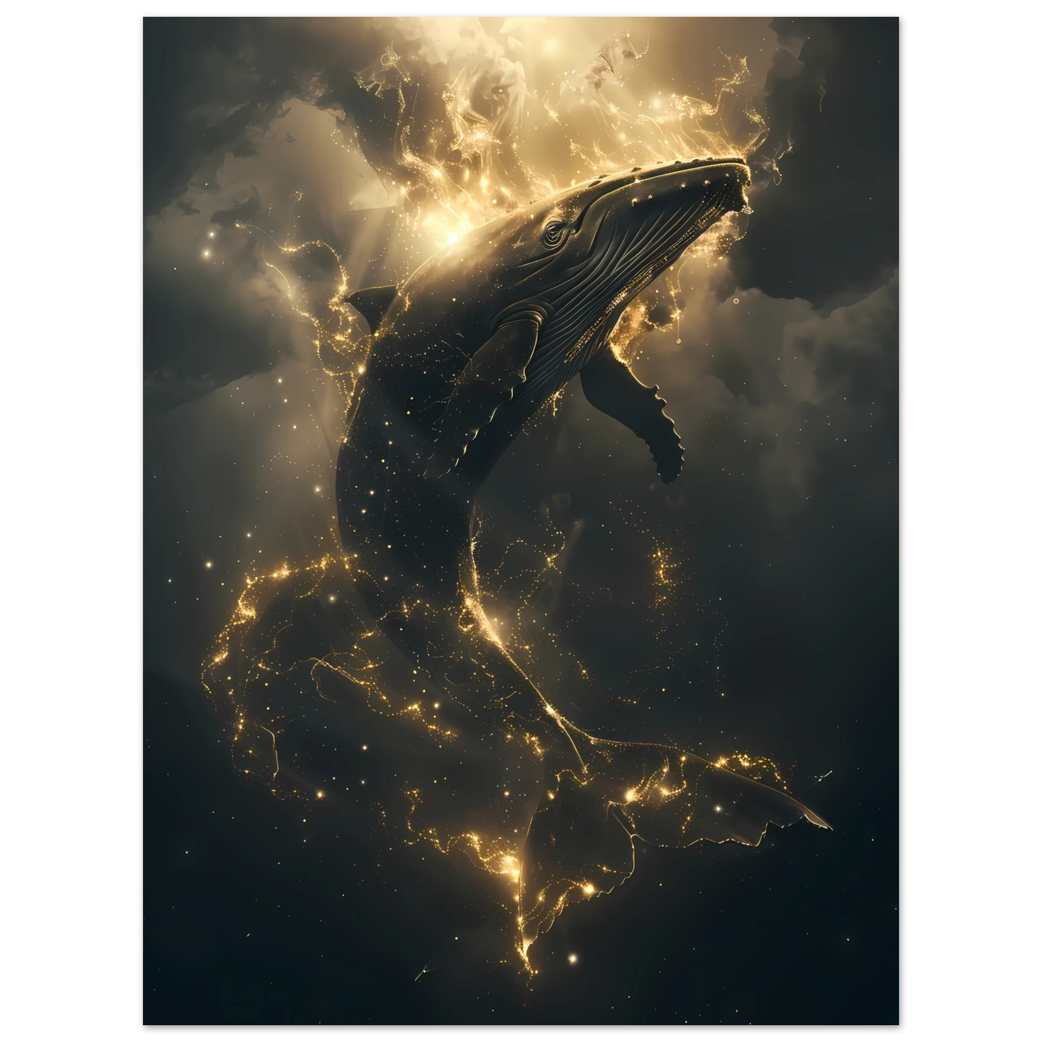 Whale formed of constellations with starlit fins swimming across a galaxy sky — surreal cosmic wall print.