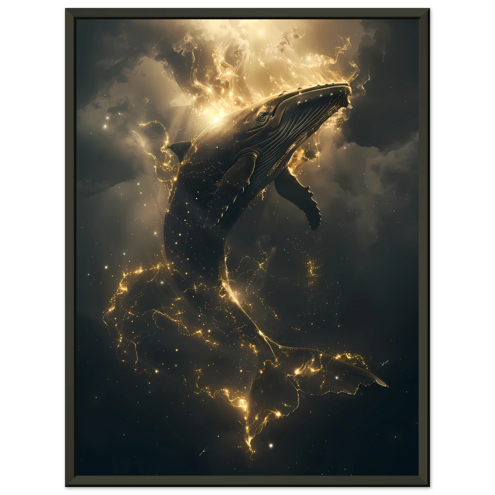 Whale formed of constellations with starlit fins swimming across a galaxy sky — surreal cosmic wall print.