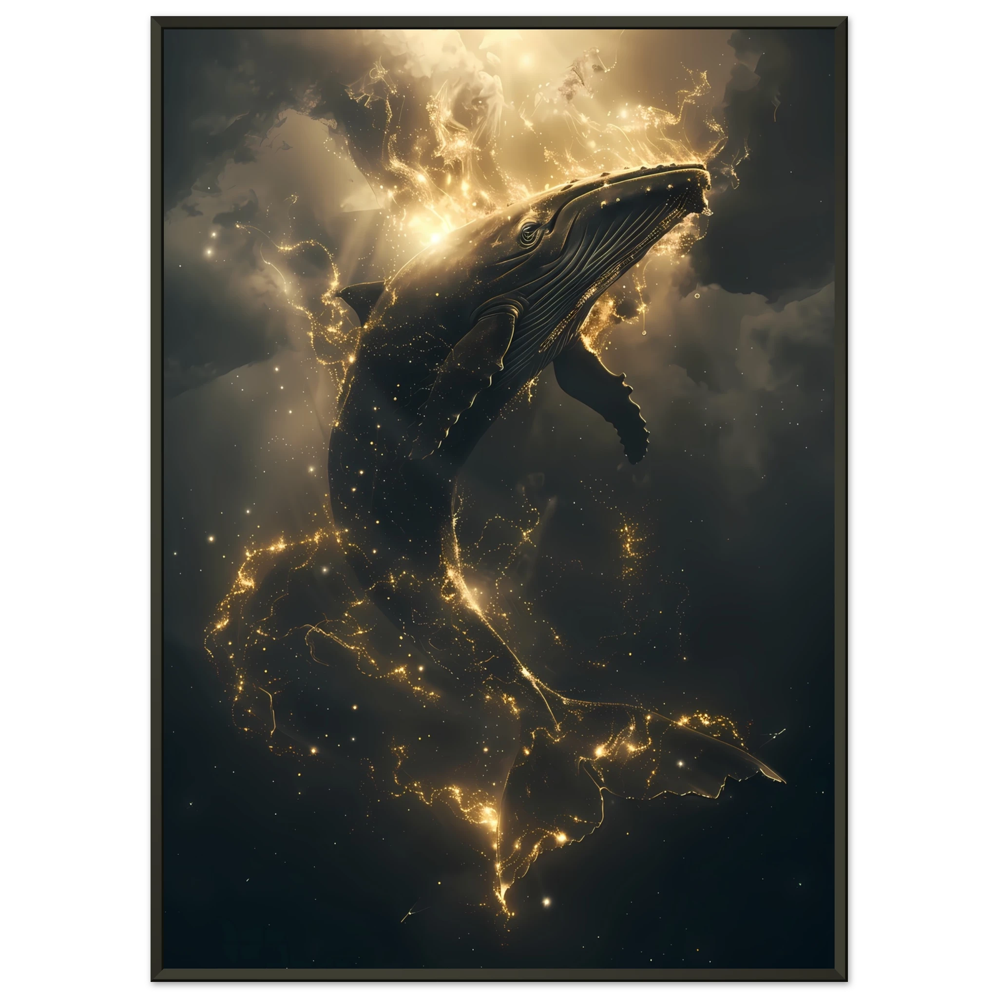 Whale formed of constellations with starlit fins swimming across a galaxy sky — surreal cosmic wall print.