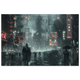 Neon-lit cyberpunk city street under rain, reflections glowing in pink and blue — cinematic futuristic wall art print.
