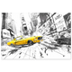 Pencil sketch of 1967 yellow Mustang in Times Square with glowing billboards — retro NYC wall art.