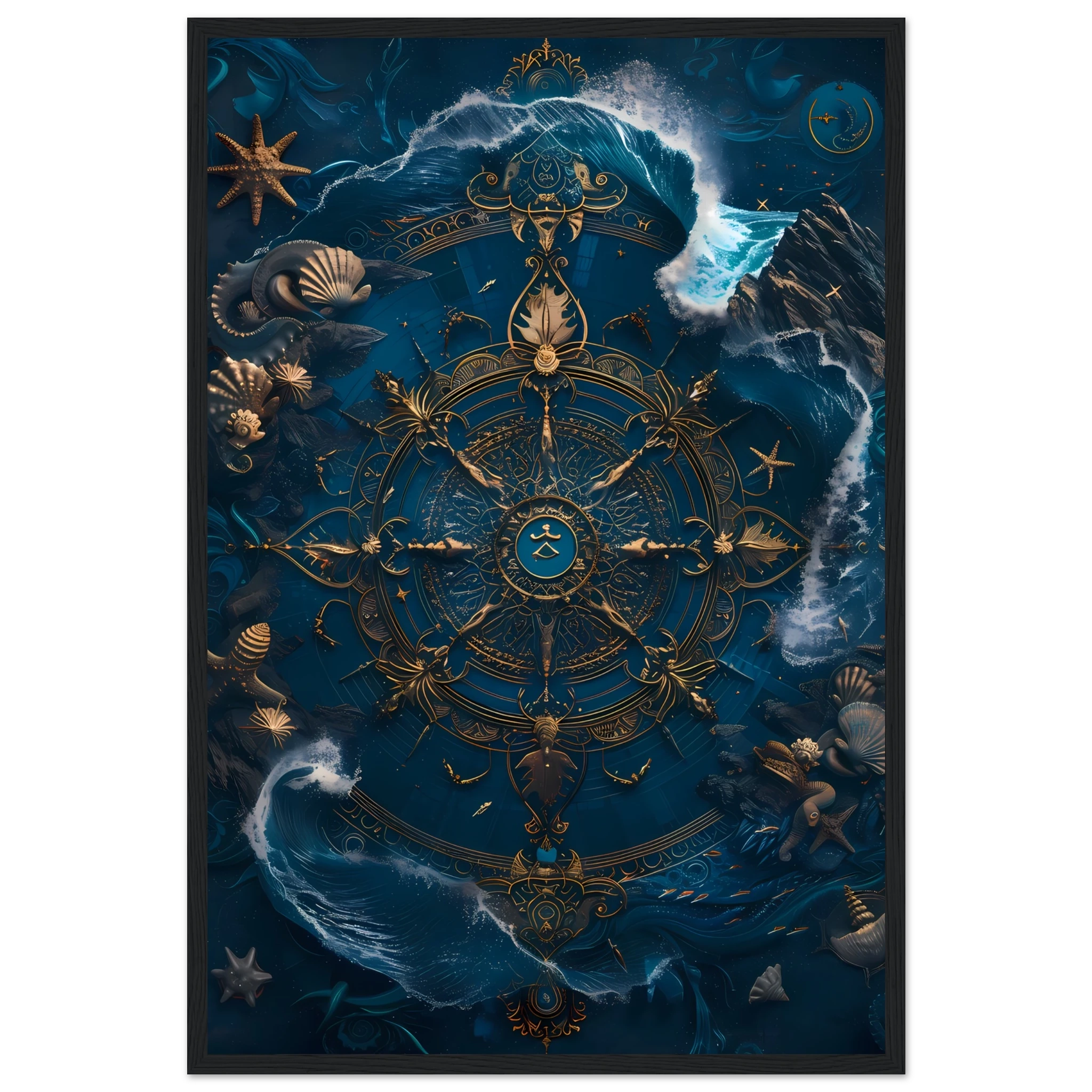 Mandala made of seashells and waves glowing in marine tones — spiritual ocean print.