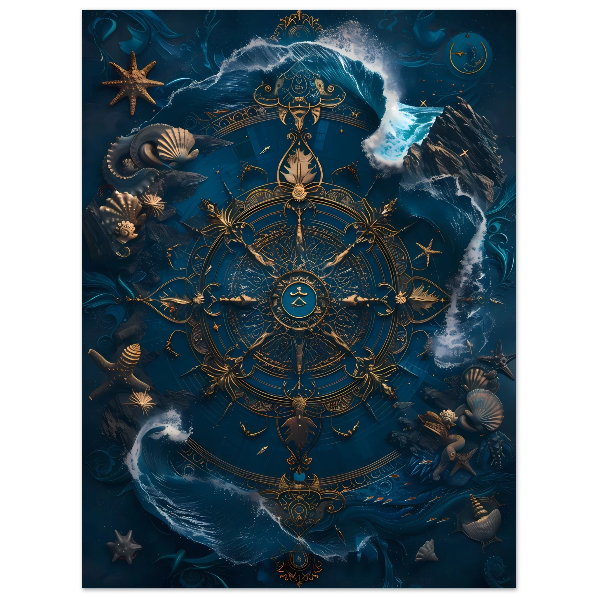 Mandala made of seashells and waves glowing in marine tones — spiritual ocean print.