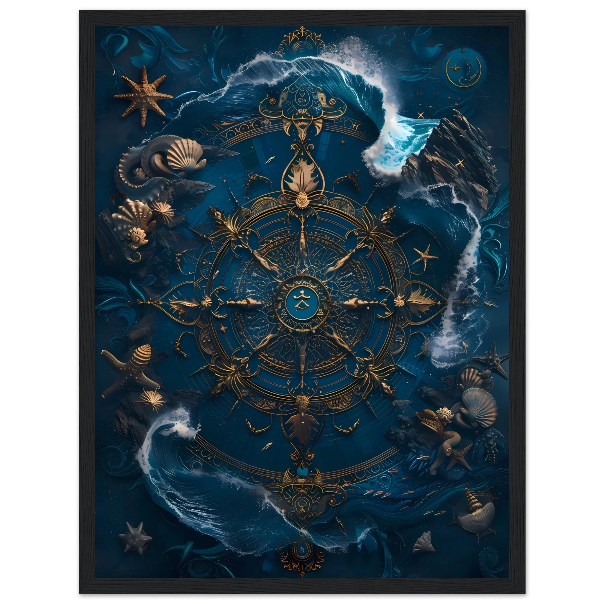 Mandala made of seashells and waves glowing in marine tones — spiritual ocean print.