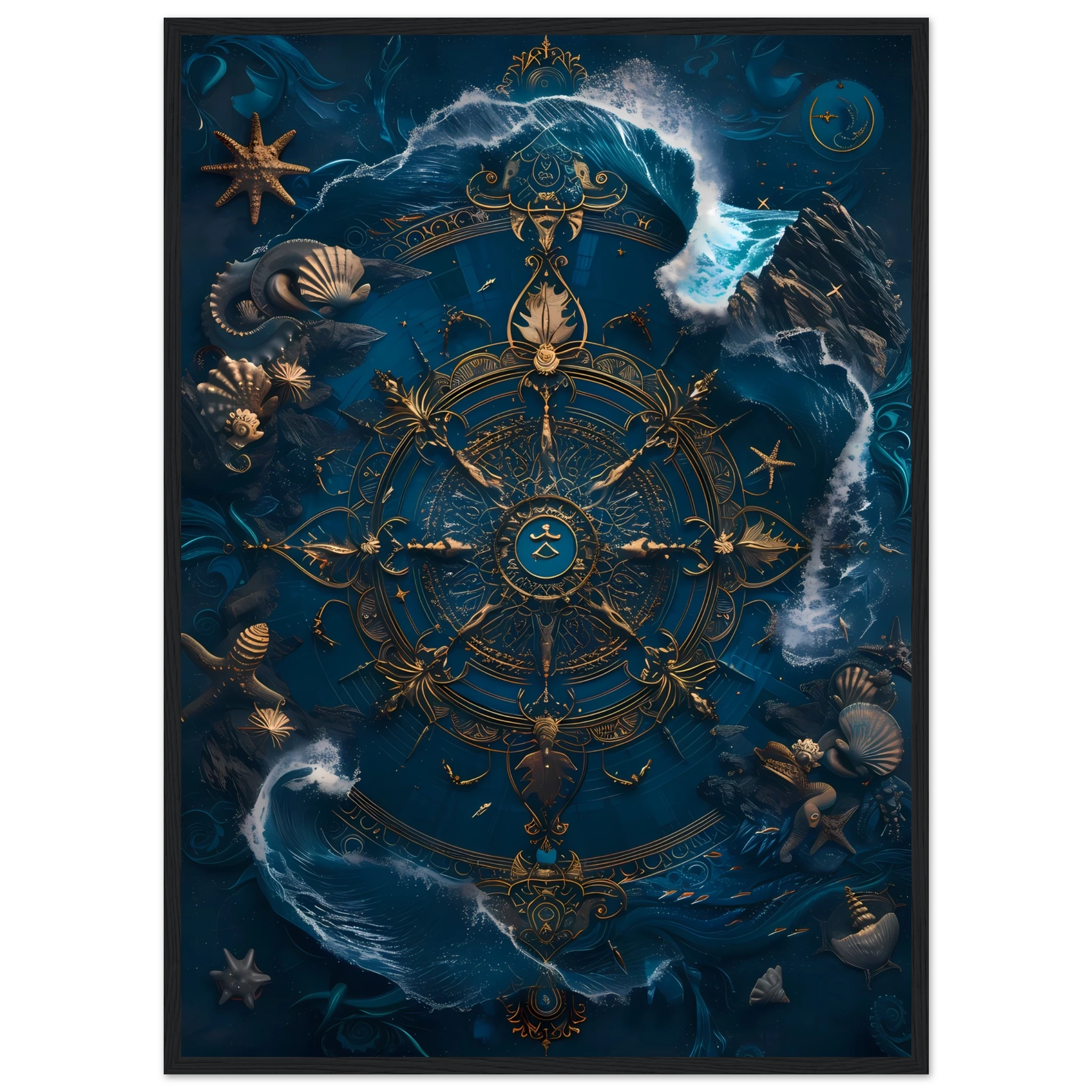 Mandala made of seashells and waves glowing in marine tones — spiritual ocean print.