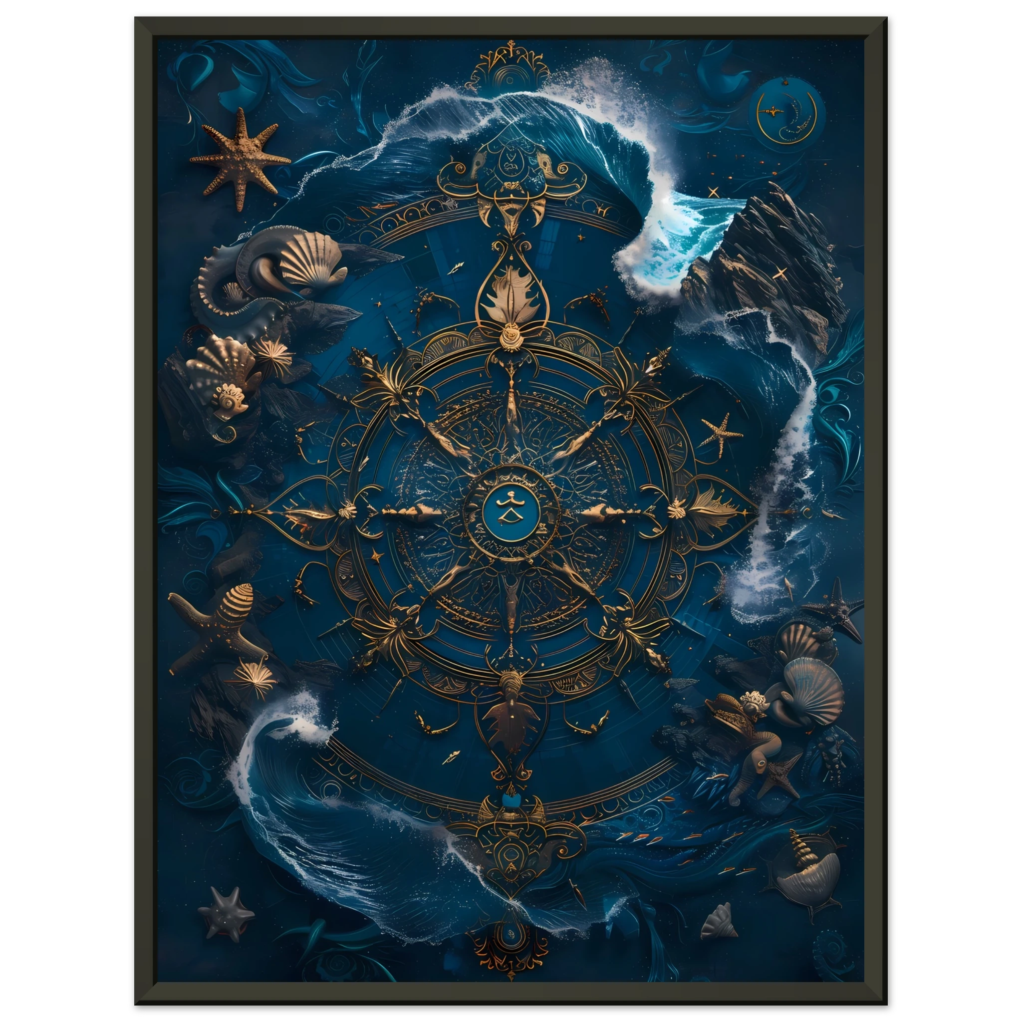 Mandala made of seashells and waves glowing in marine tones — spiritual ocean print.