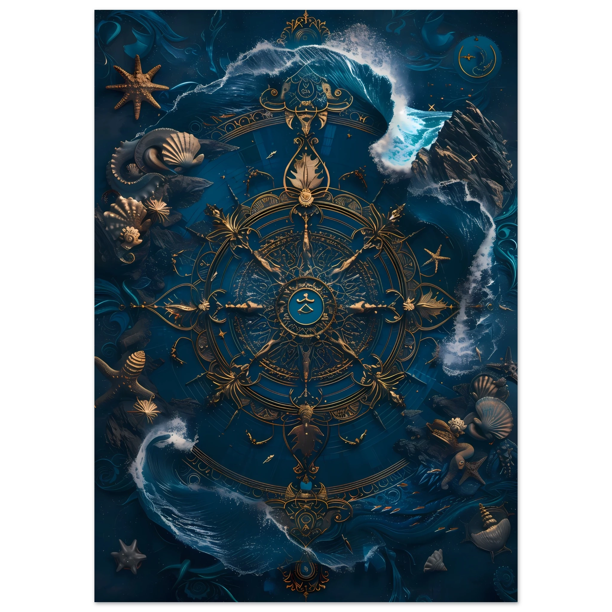 Mandala made of seashells and waves glowing in marine tones — spiritual ocean print.