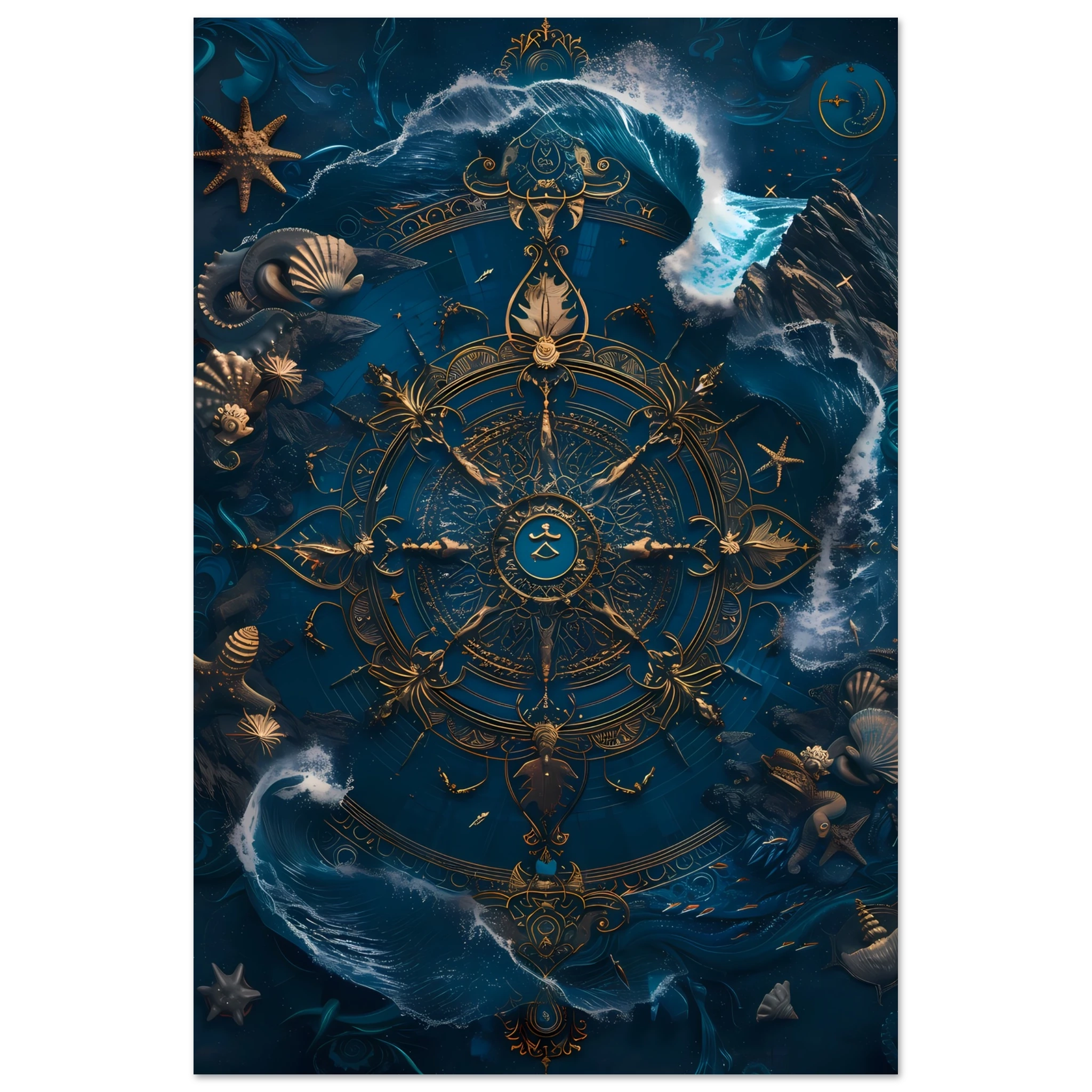 Mandala made of seashells and waves glowing in marine tones — spiritual ocean print.