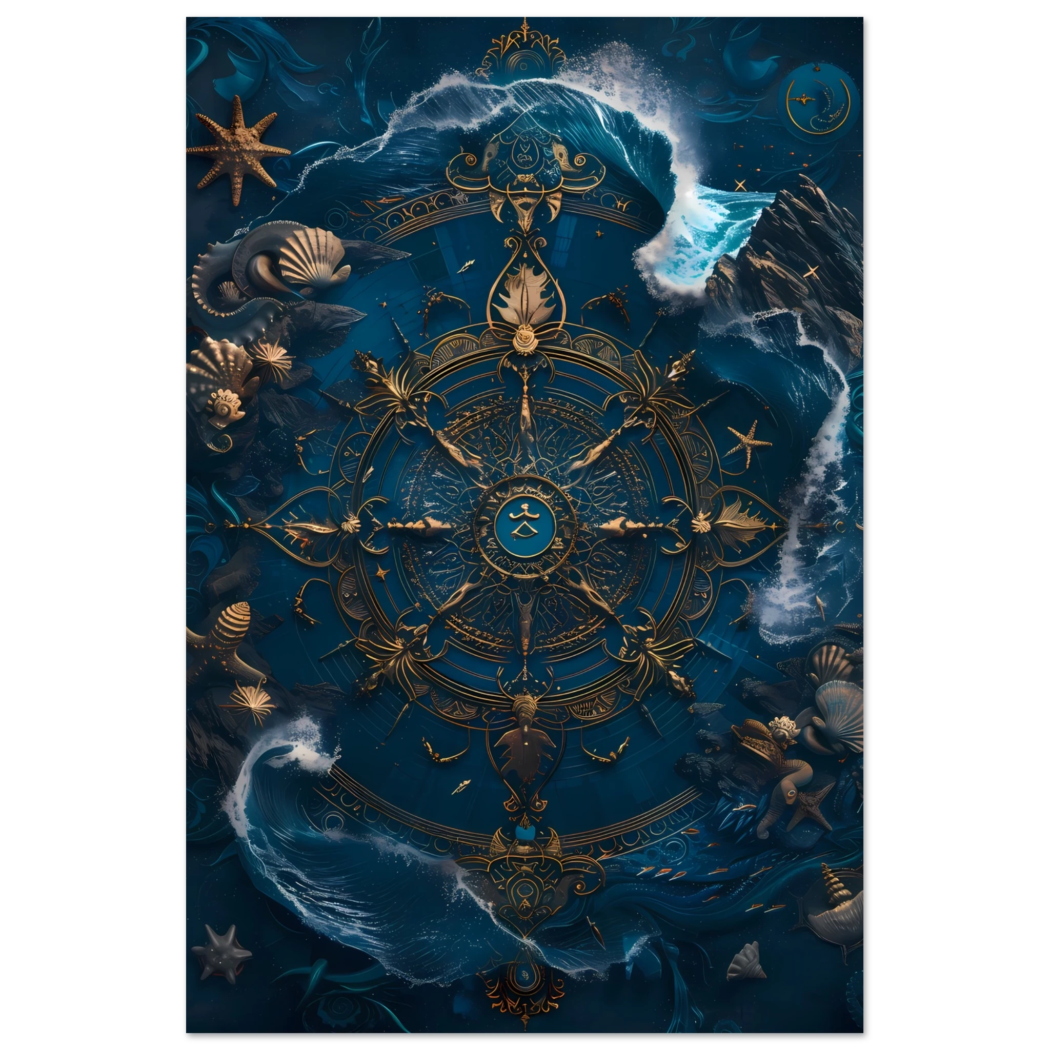 Mandala made of seashells and waves glowing in marine tones — spiritual ocean print.