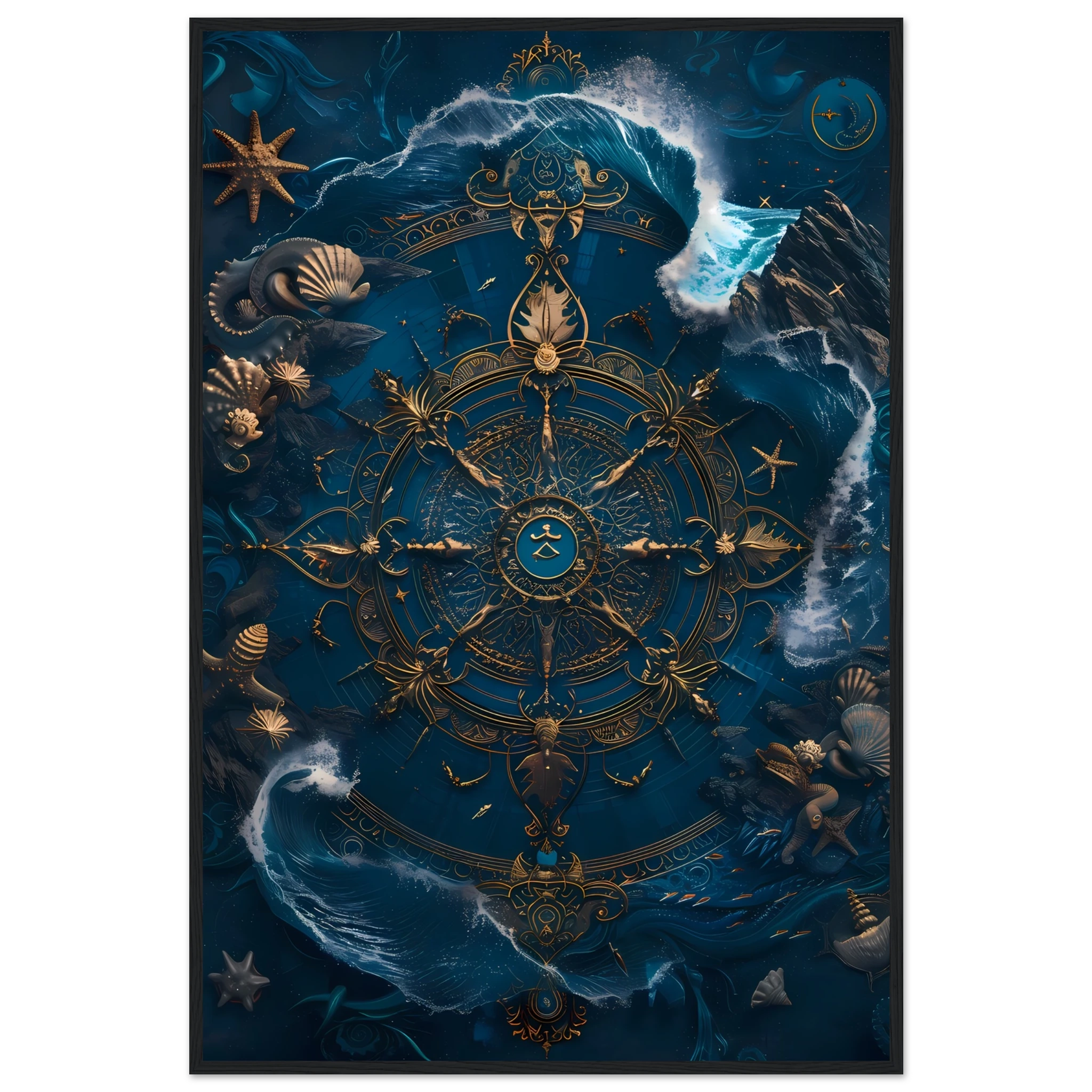 Mandala made of seashells and waves glowing in marine tones — spiritual ocean print.