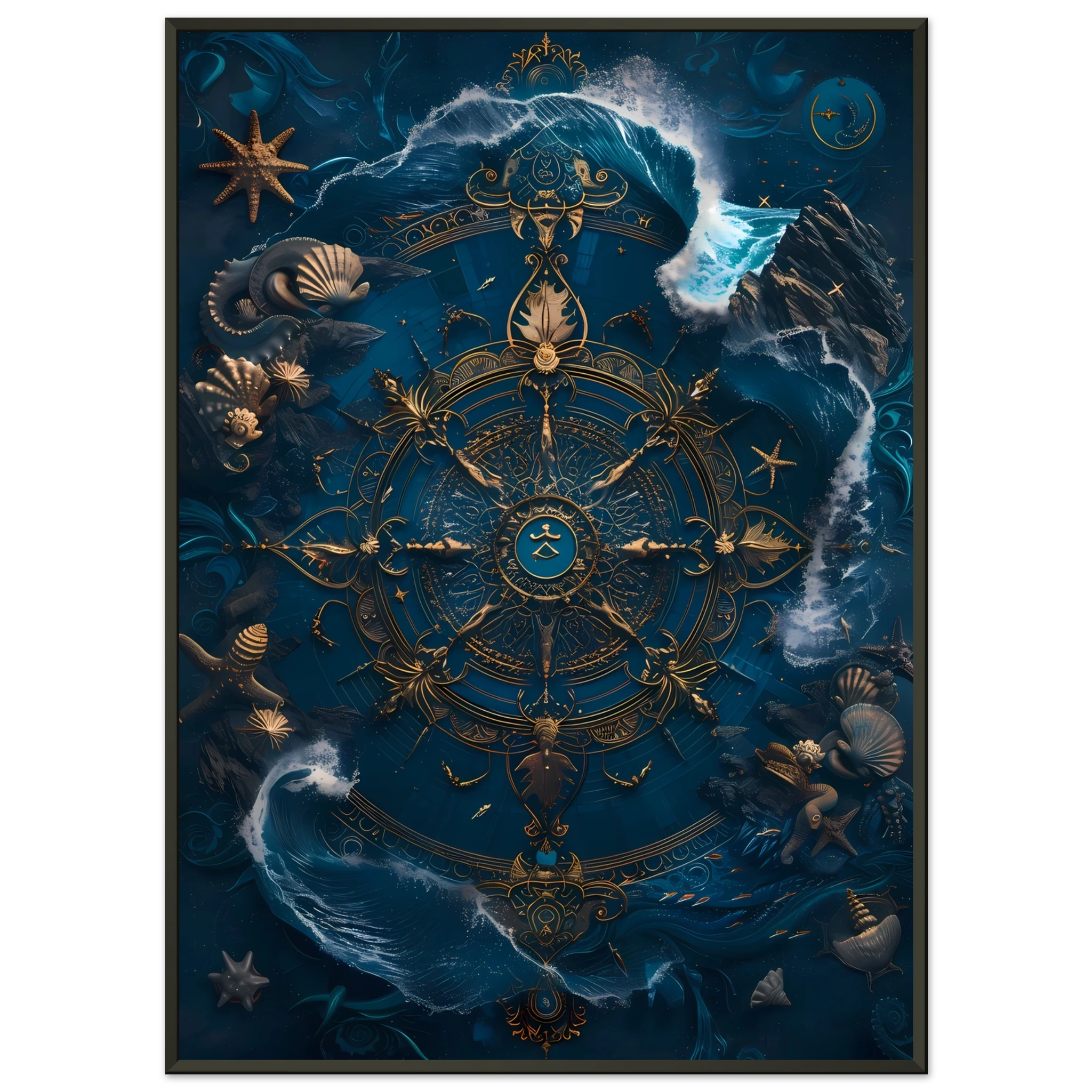 Mandala made of seashells and waves glowing in marine tones — spiritual ocean print.