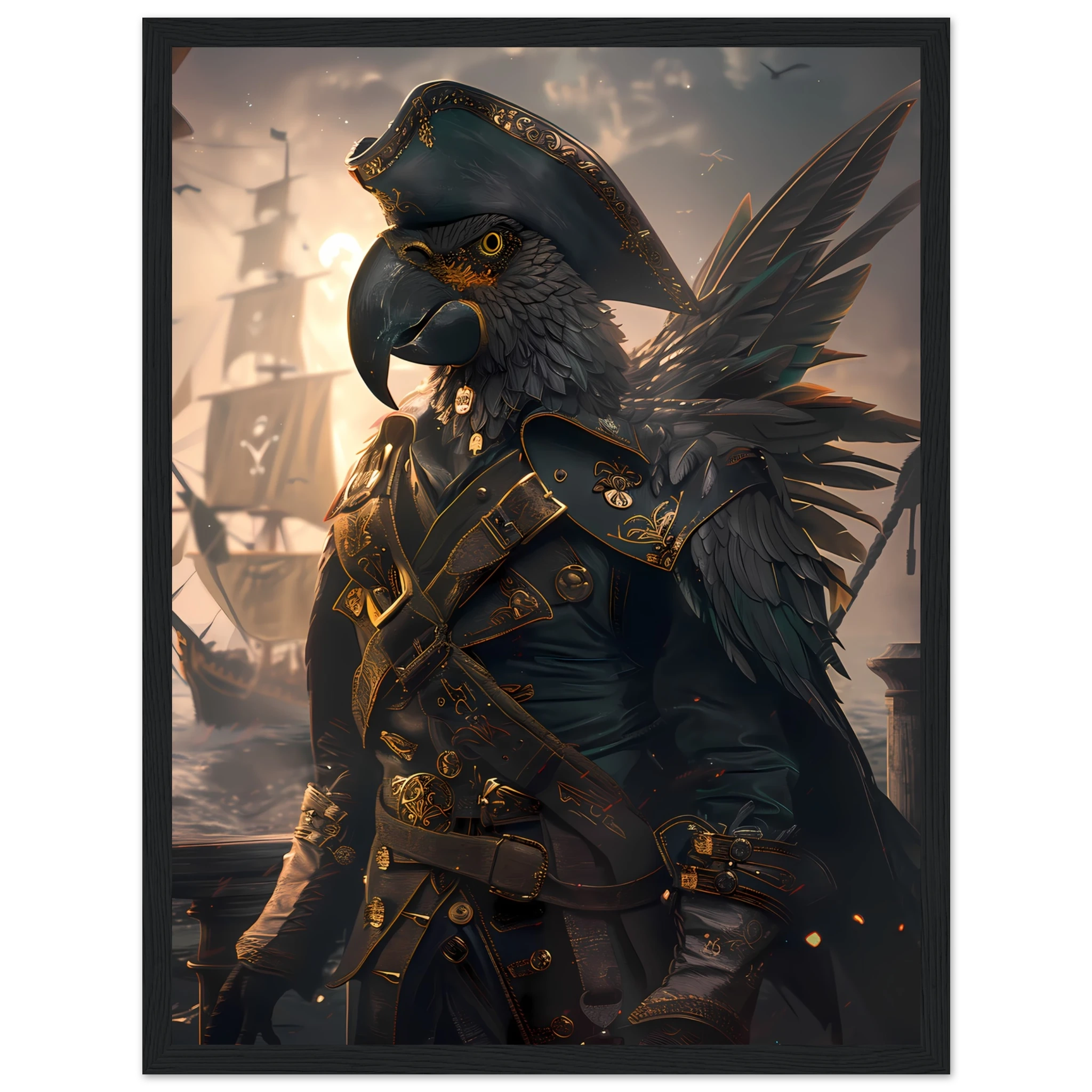 Parrot in tricorne hat and captain coat on ship deck — vibrant fantasy pet art.