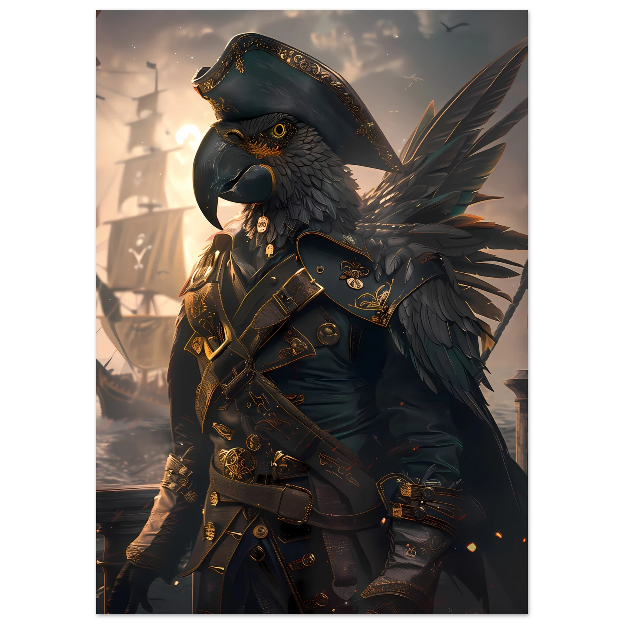Parrot in tricorne hat and captain coat on ship deck — vibrant fantasy pet art.