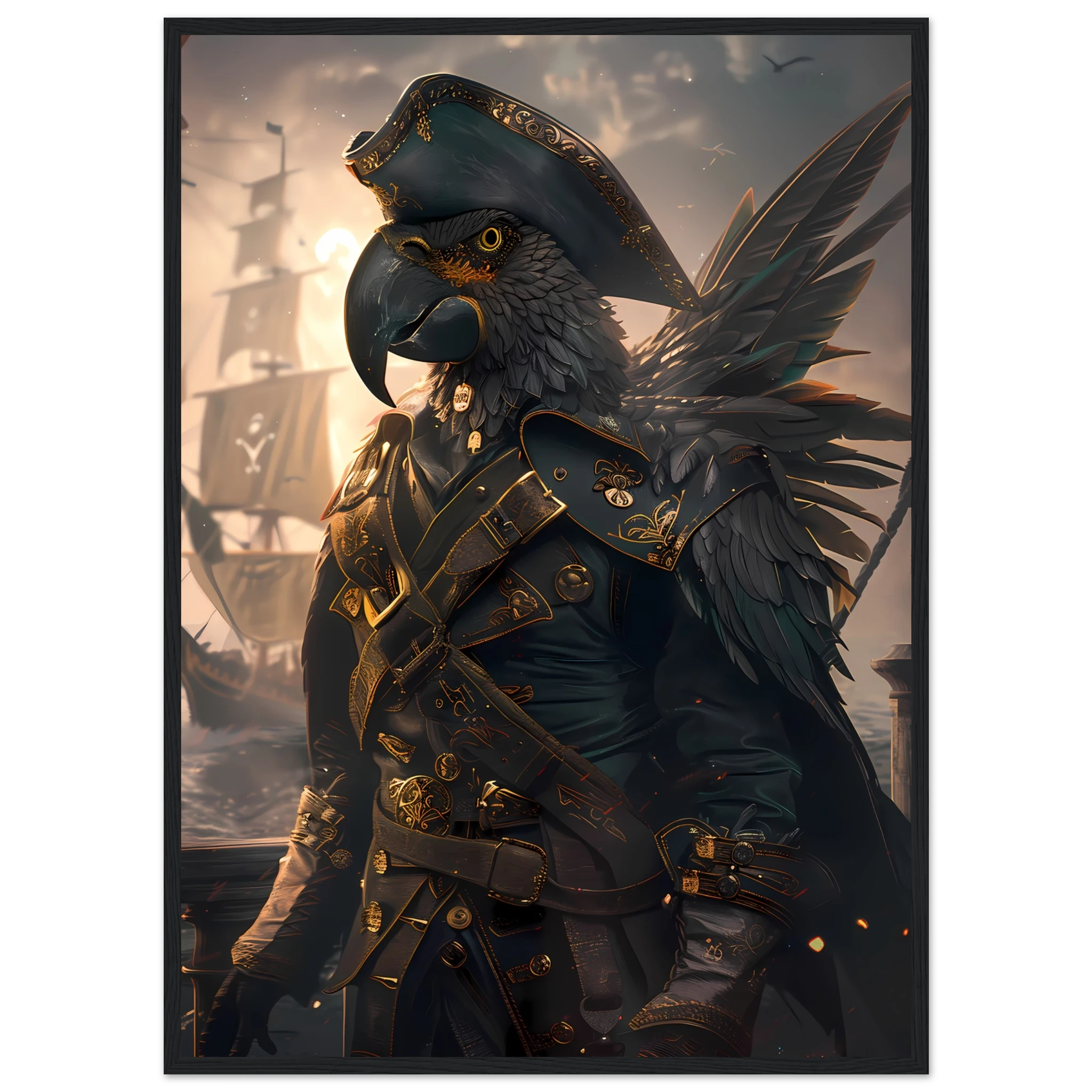 Parrot in tricorne hat and captain coat on ship deck — vibrant fantasy pet art.