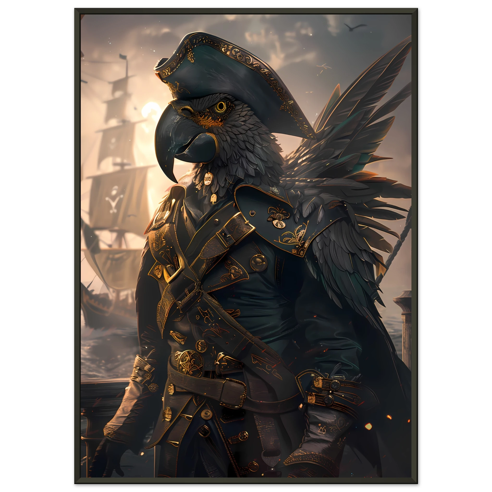 Parrot in tricorne hat and captain coat on ship deck — vibrant fantasy pet art.