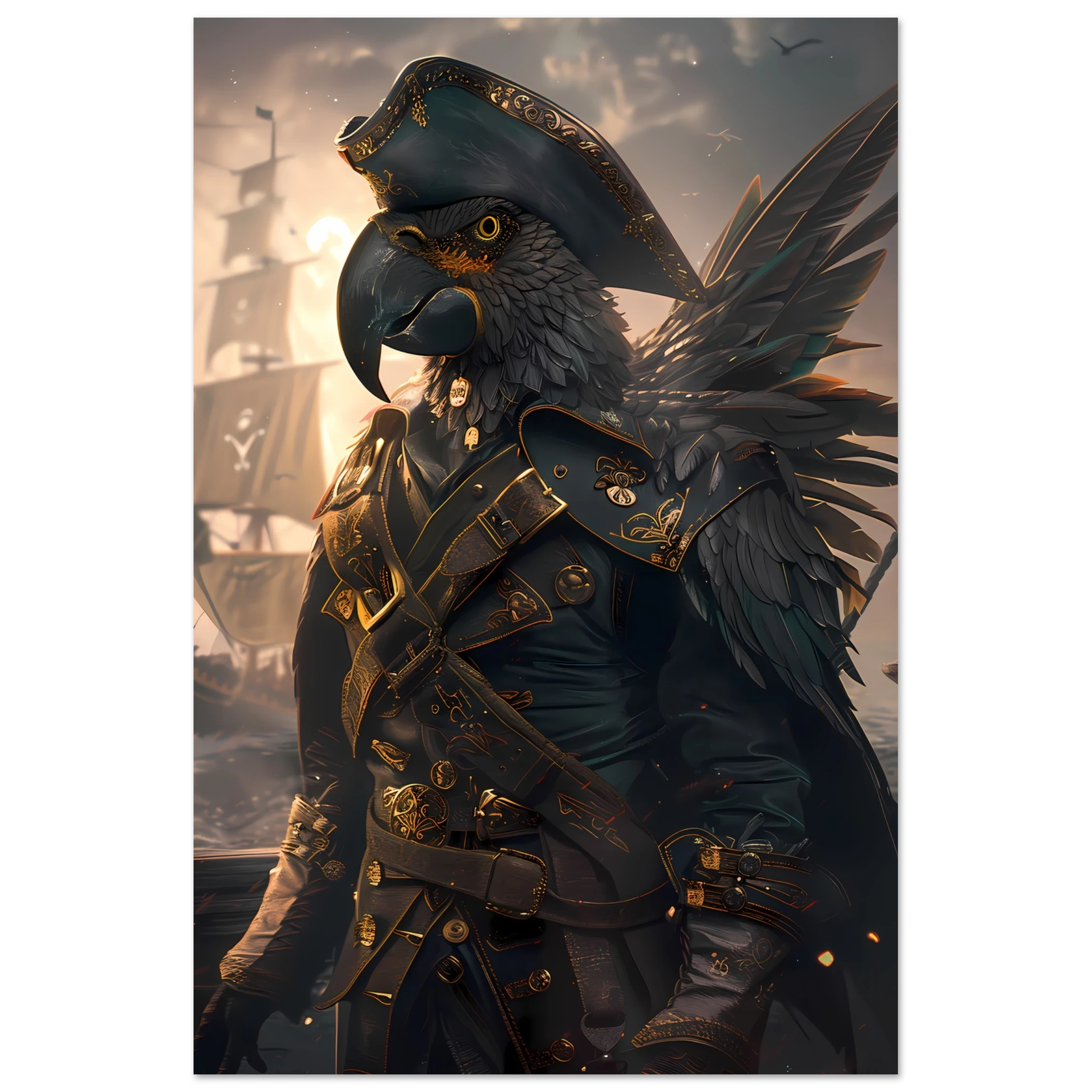 Parrot in tricorne hat and captain coat on ship deck — vibrant fantasy pet art.
