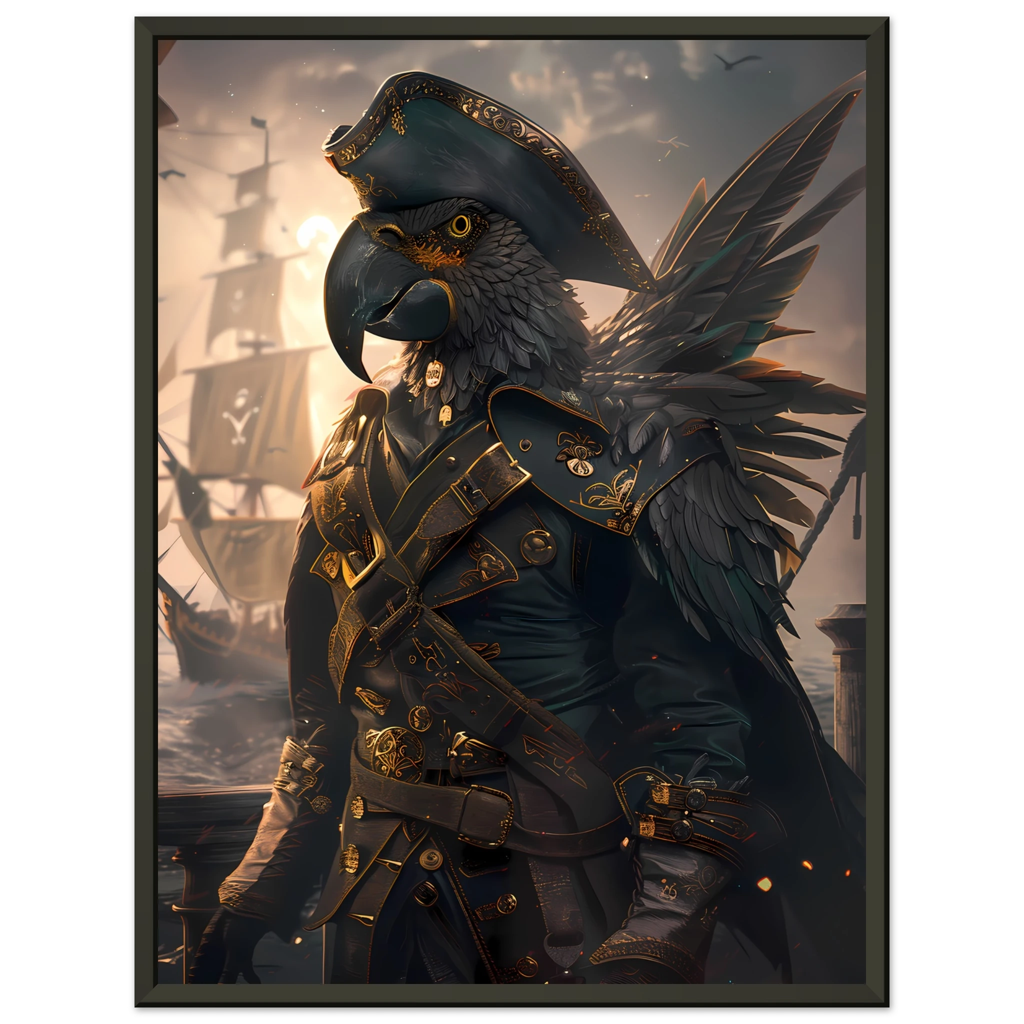 Parrot in tricorne hat and captain coat on ship deck — vibrant fantasy pet art.