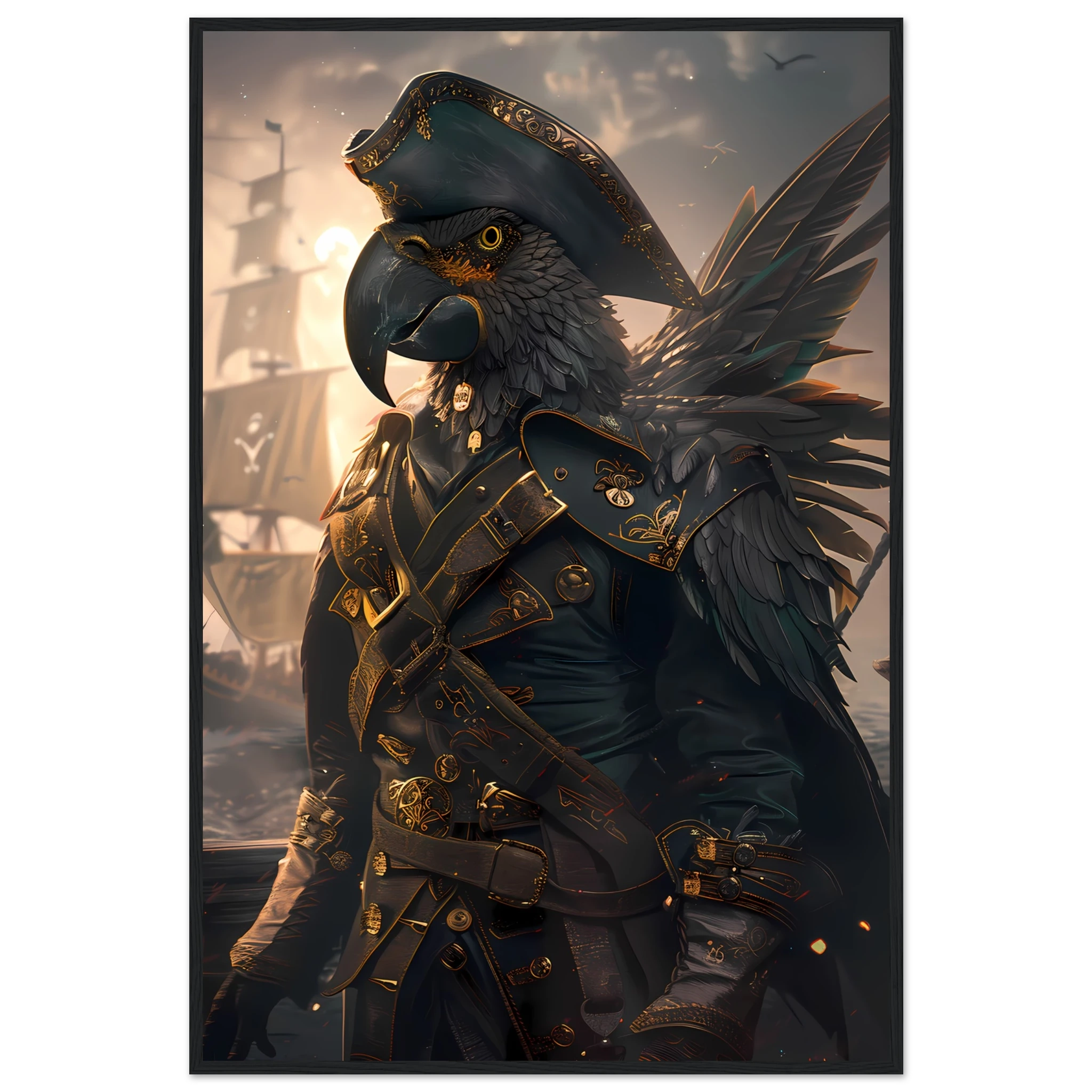 Parrot in tricorne hat and captain coat on ship deck — vibrant fantasy pet art.