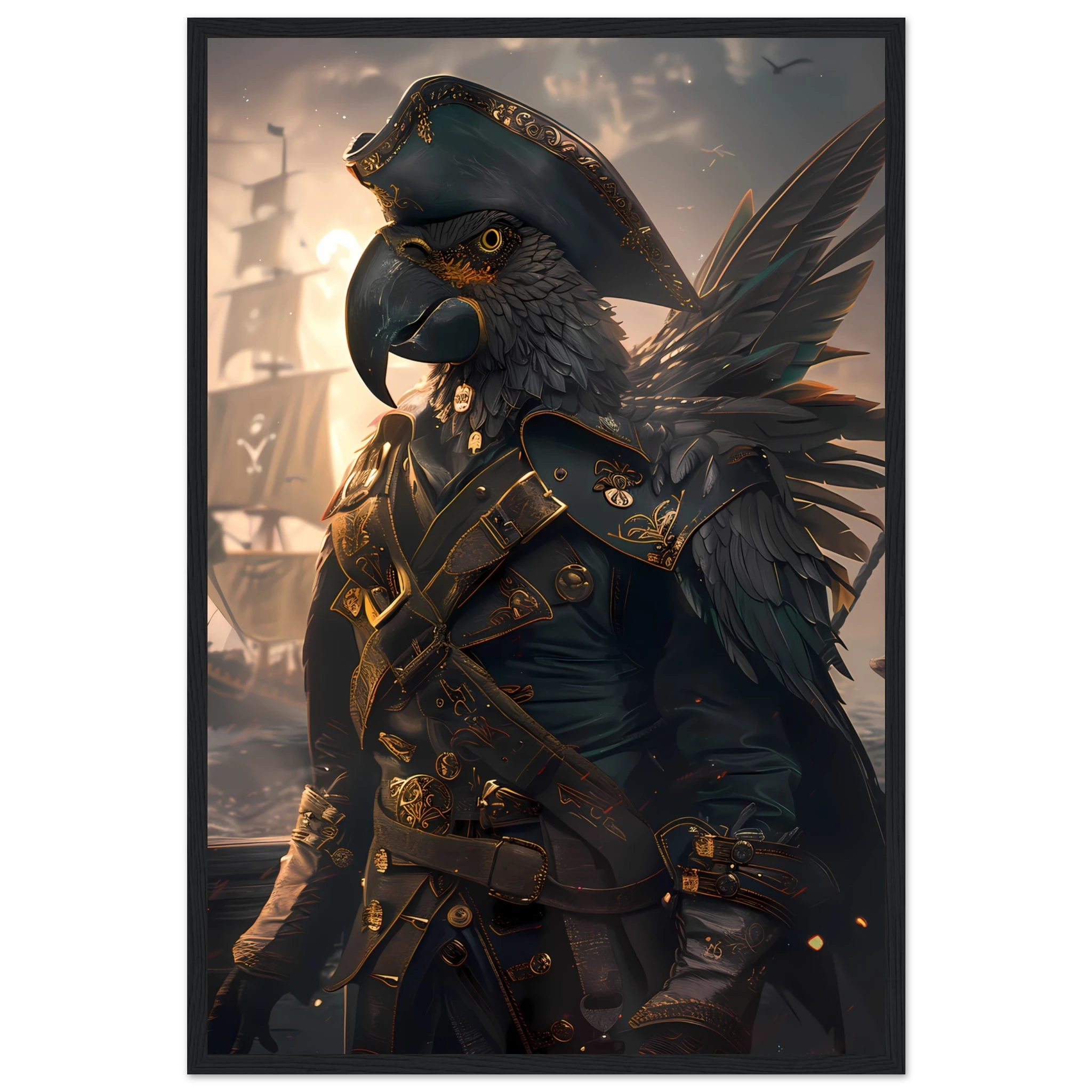 Parrot in tricorne hat and captain coat on ship deck — vibrant fantasy pet art.