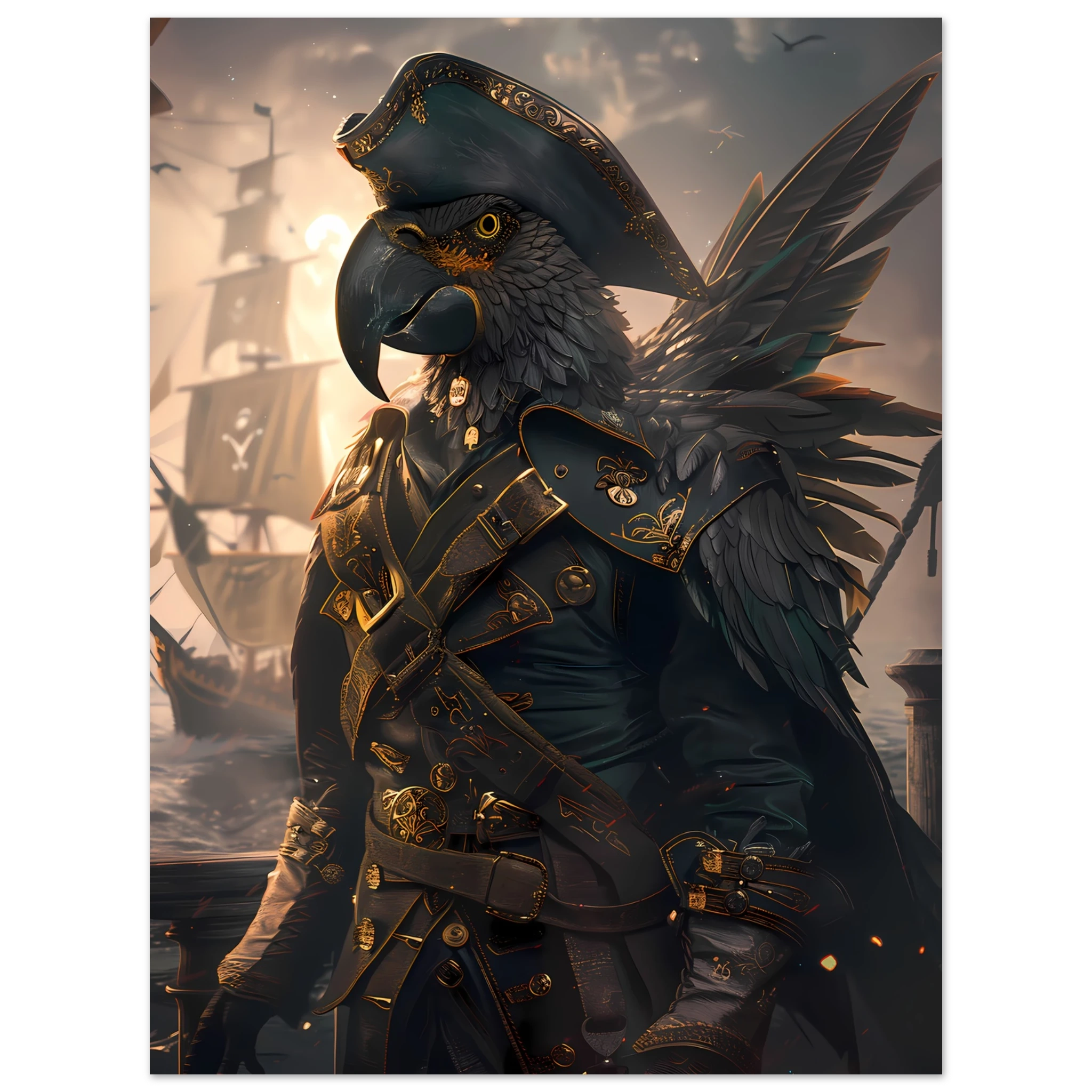 Parrot in tricorne hat and captain coat on ship deck — vibrant fantasy pet art.
