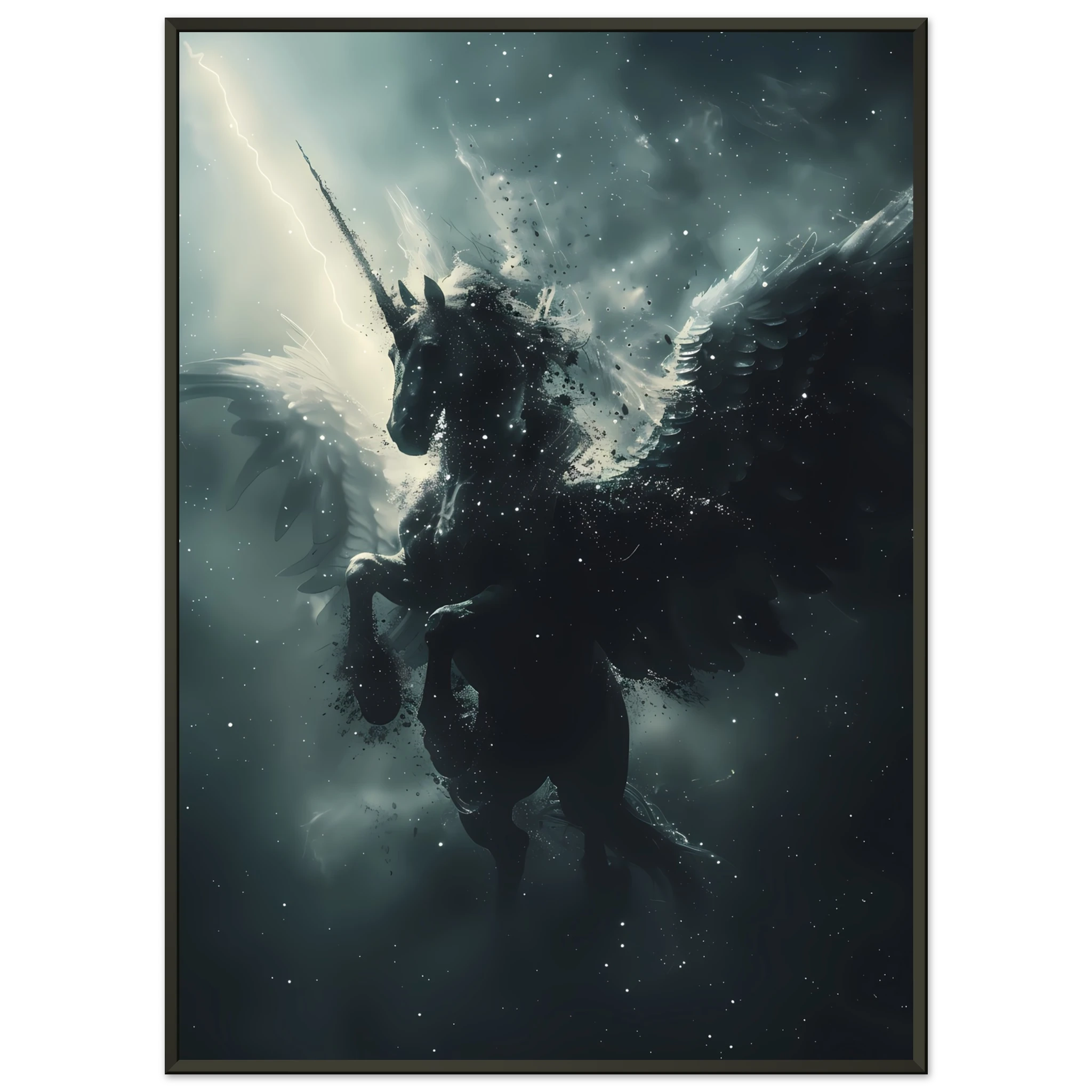 White Pegasus soaring across night sky of constellations — graceful fantasy wall art.