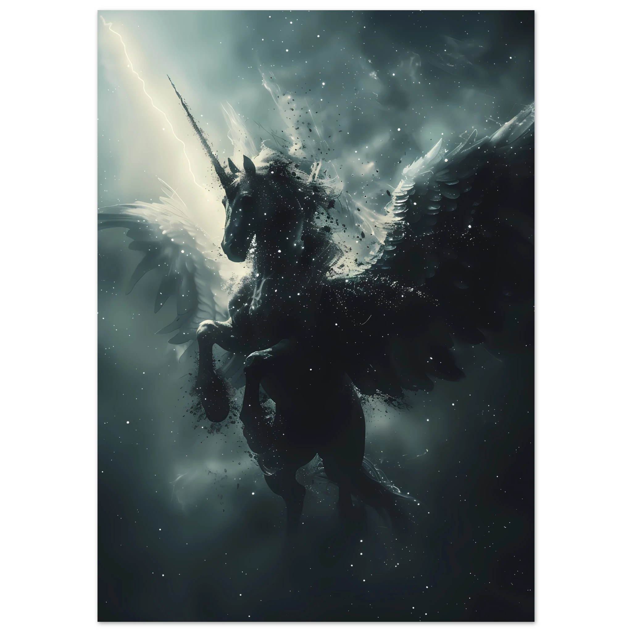 White Pegasus soaring across night sky of constellations — graceful fantasy wall art.