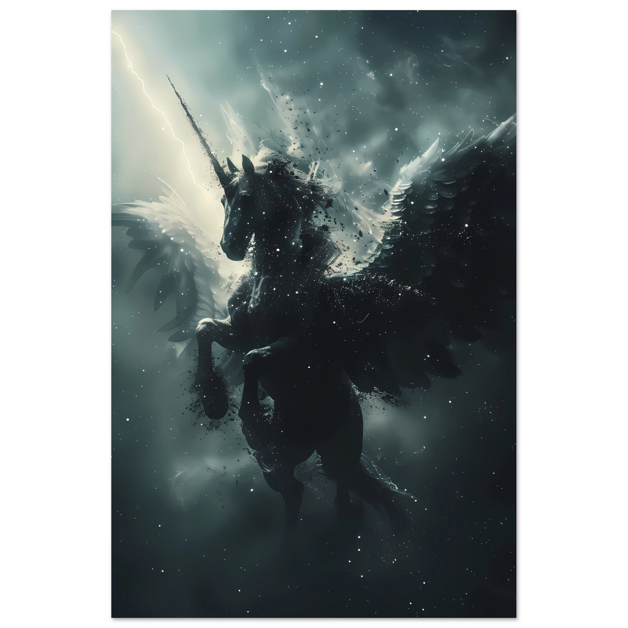 White Pegasus soaring across night sky of constellations — graceful fantasy wall art.